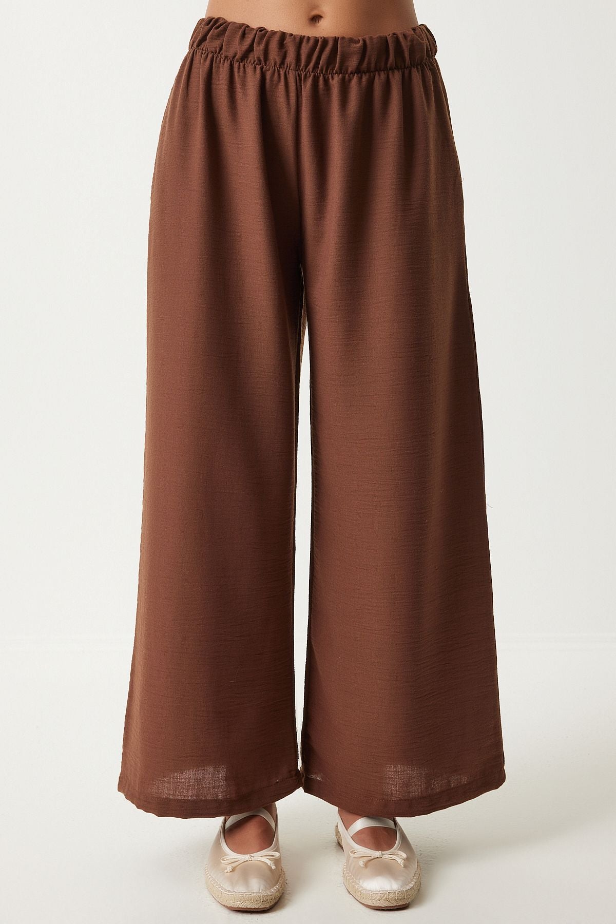 Female brown wide pocket linen mixed shirt pants set FN03205