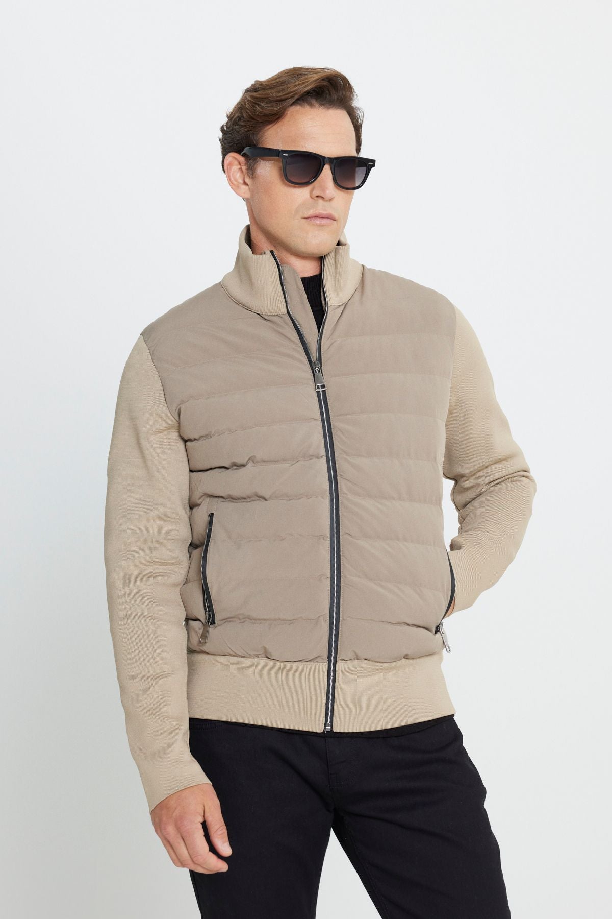 Men's beige standard fit normal cut upright collar coat