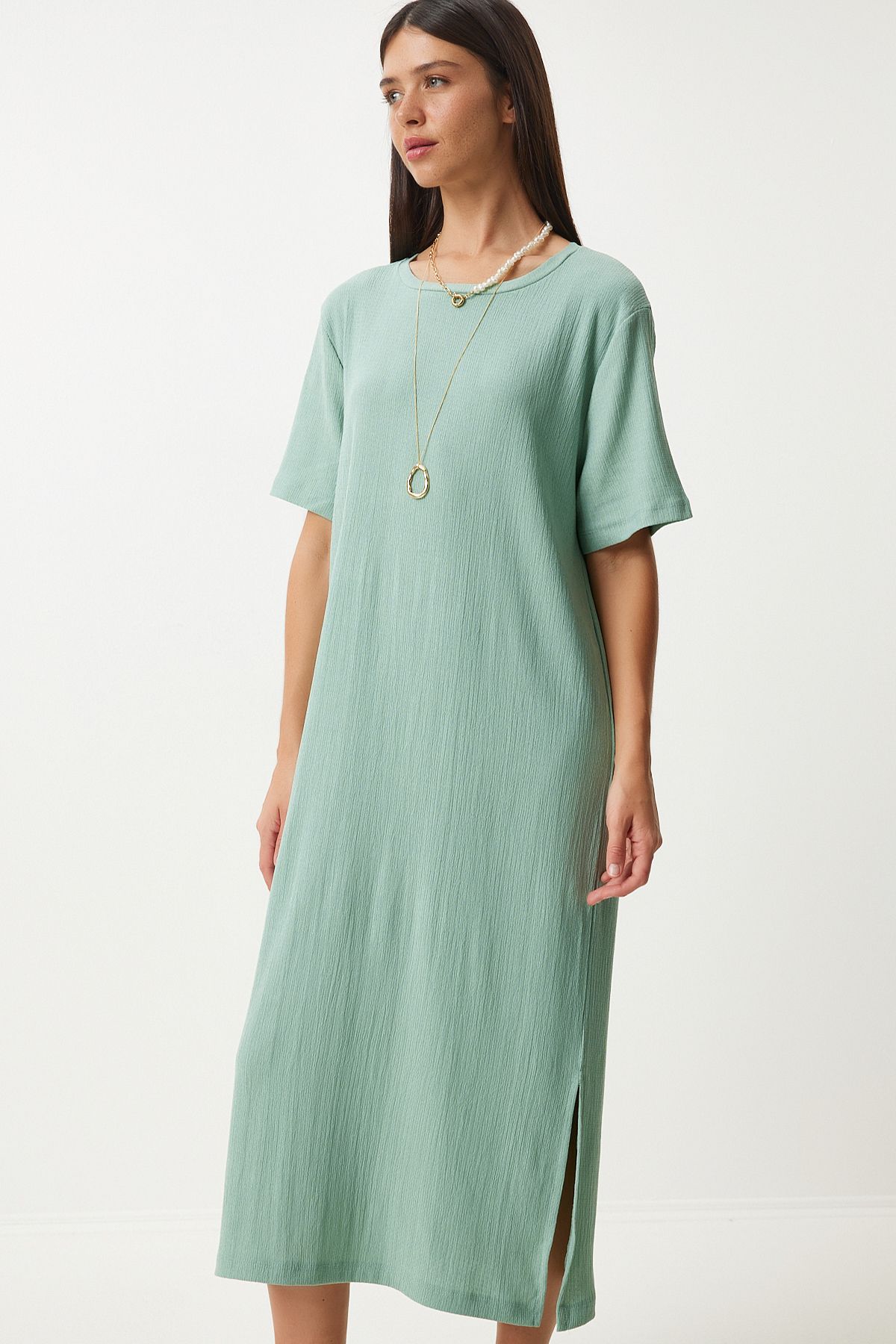 Women's Cagla Green Long Daily Knitting Dress DZ00076