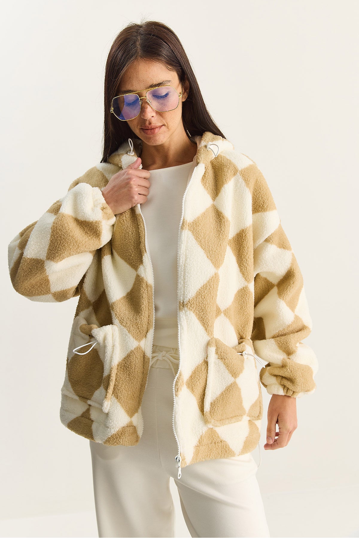 Women's Diamond Patterned Lined Hooded Plush Coat 4047 60283842