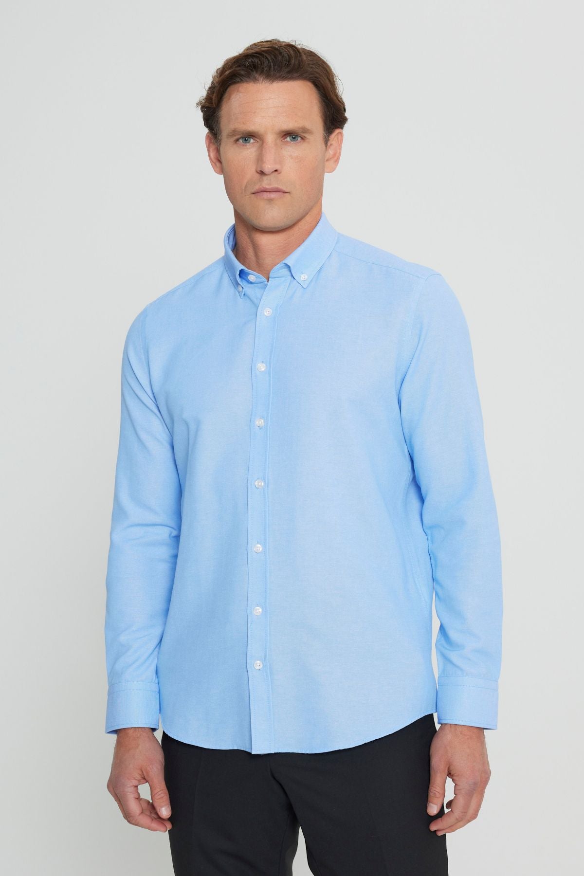Men's Oxford Blue Button Neck Easy Ironable Cotton Slim Fit Narrow Cut Shirt