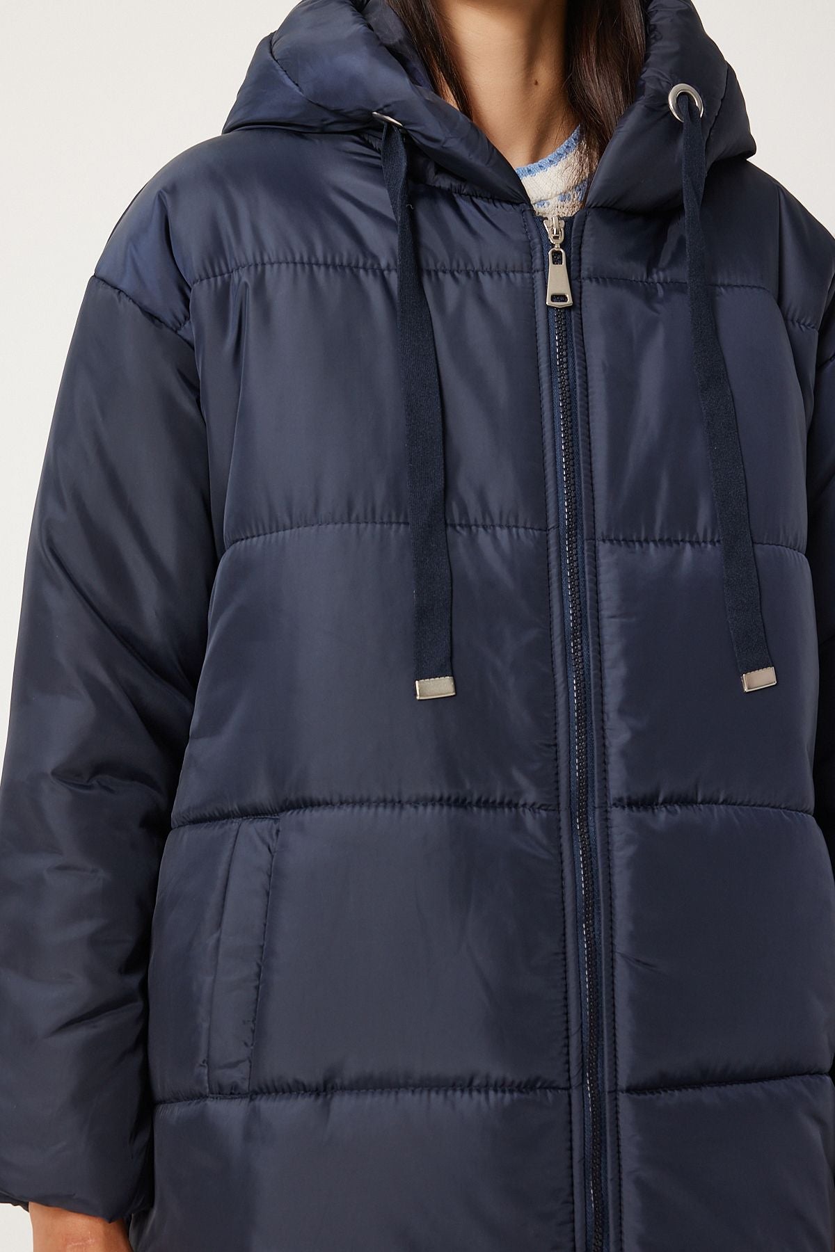 Women's Navy Blind Hooded Long Swelling Coat DD01006