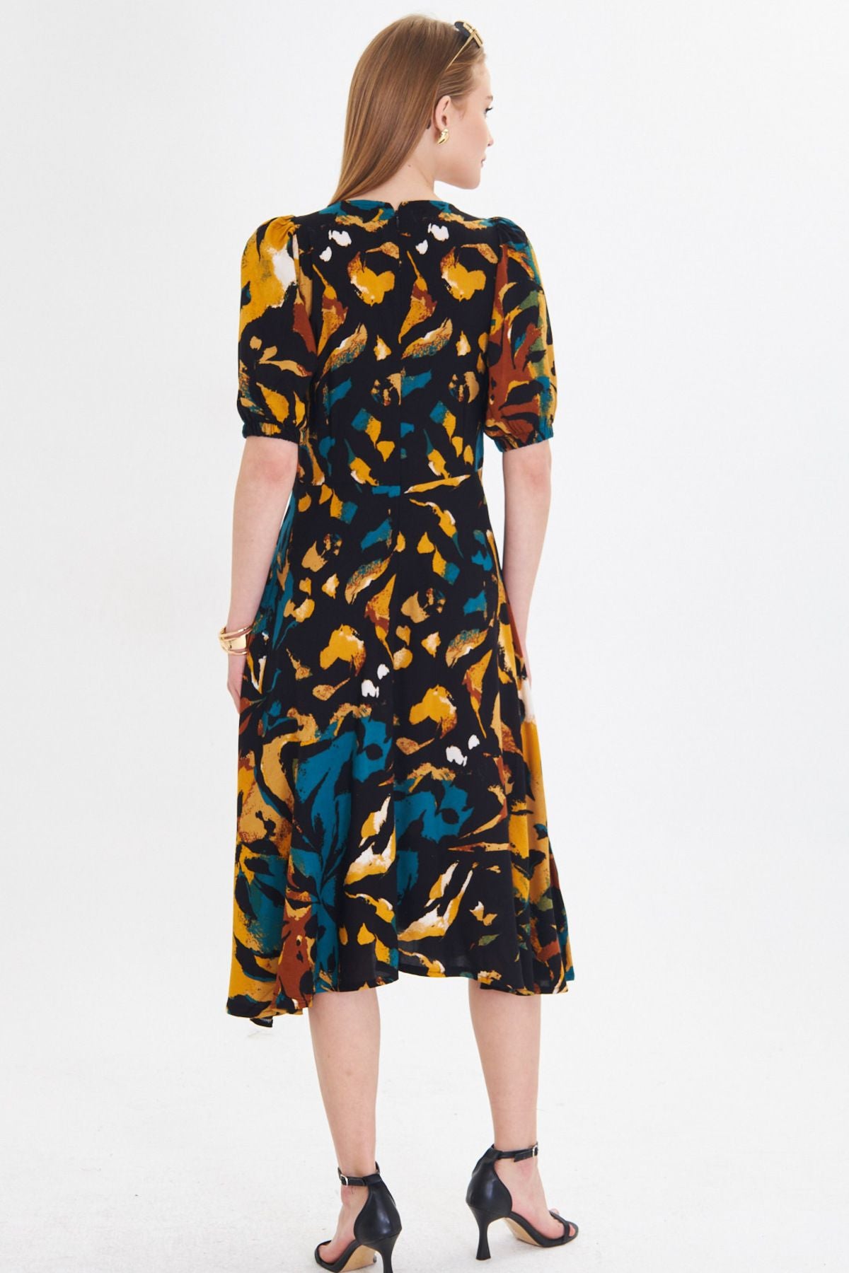 Female mustard u collar arms with rubber midi height height dress ARM-25Y001004