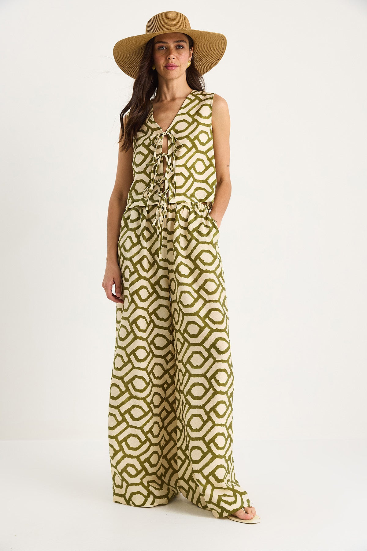 Women's Tie Detailed Blouse Patterned Viscose Top and Bottom Set 252-8035 60283427