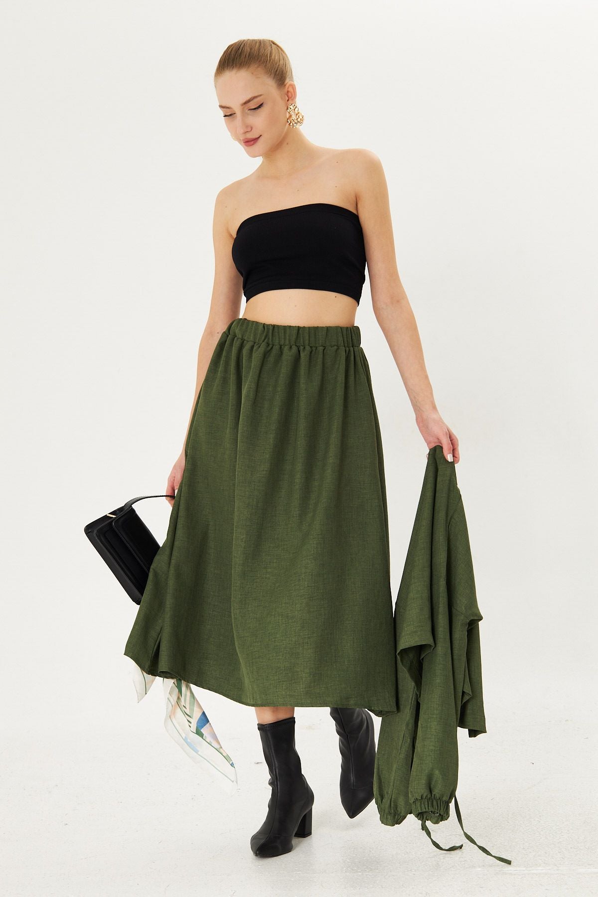 Female Green Waist Midi Skirt with Pockets Arm-25k001010