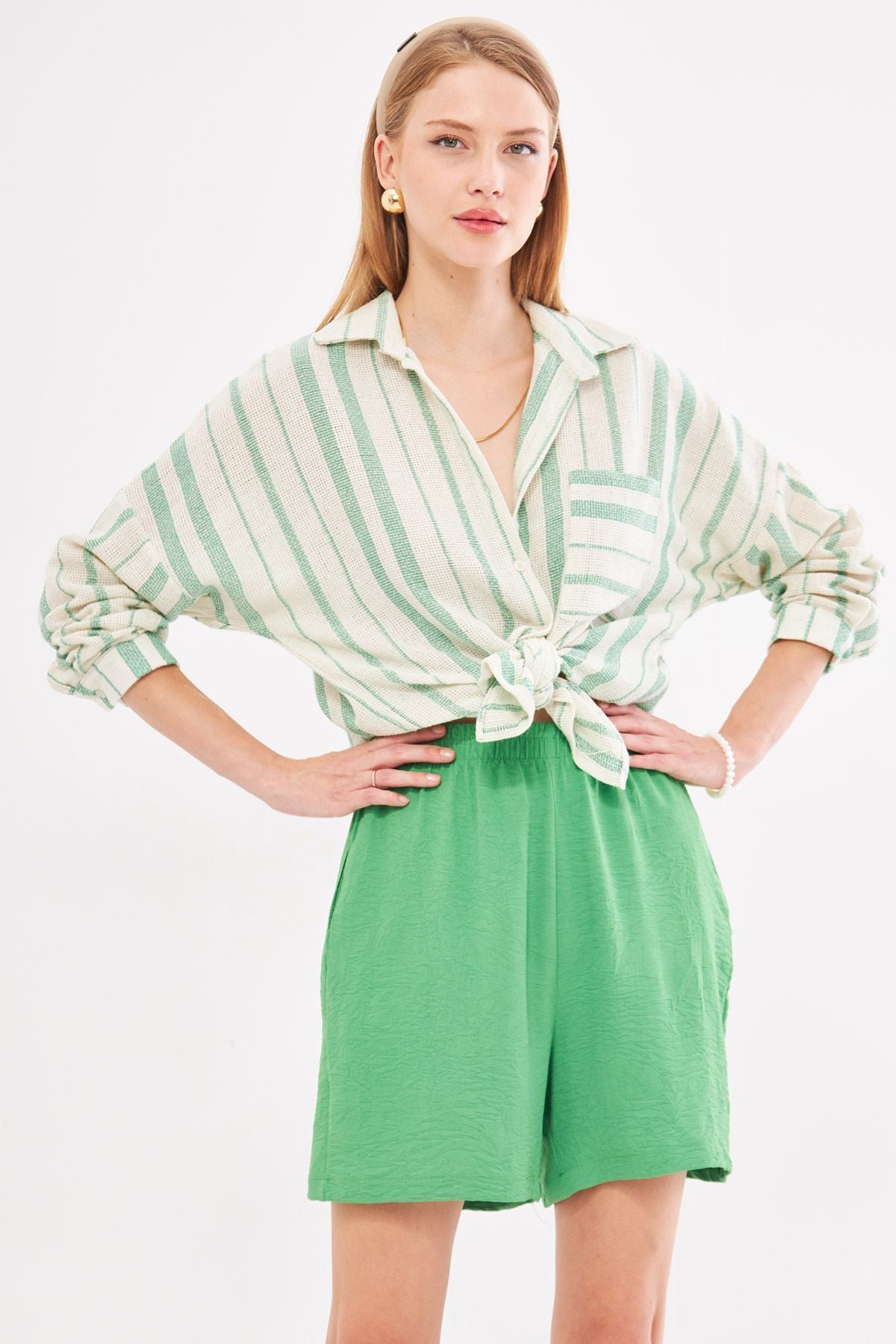 Woman Light Green Long Sleeve Pocket detailed back Pleeled striped Oversize shirt ARM-24Y001053