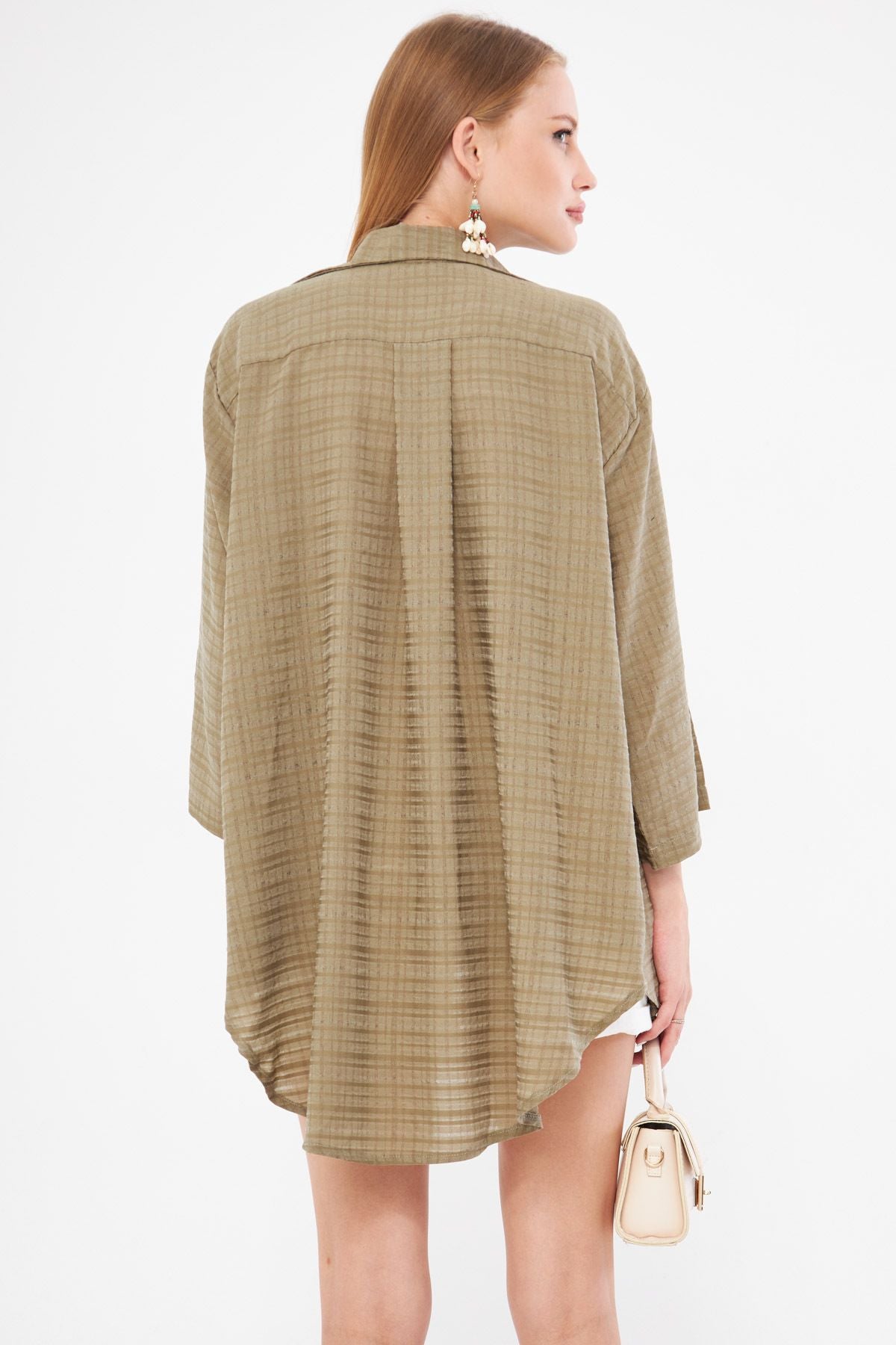 Woman Khaki Self-striped front connect Kimono Shirt ARM-24Y001101