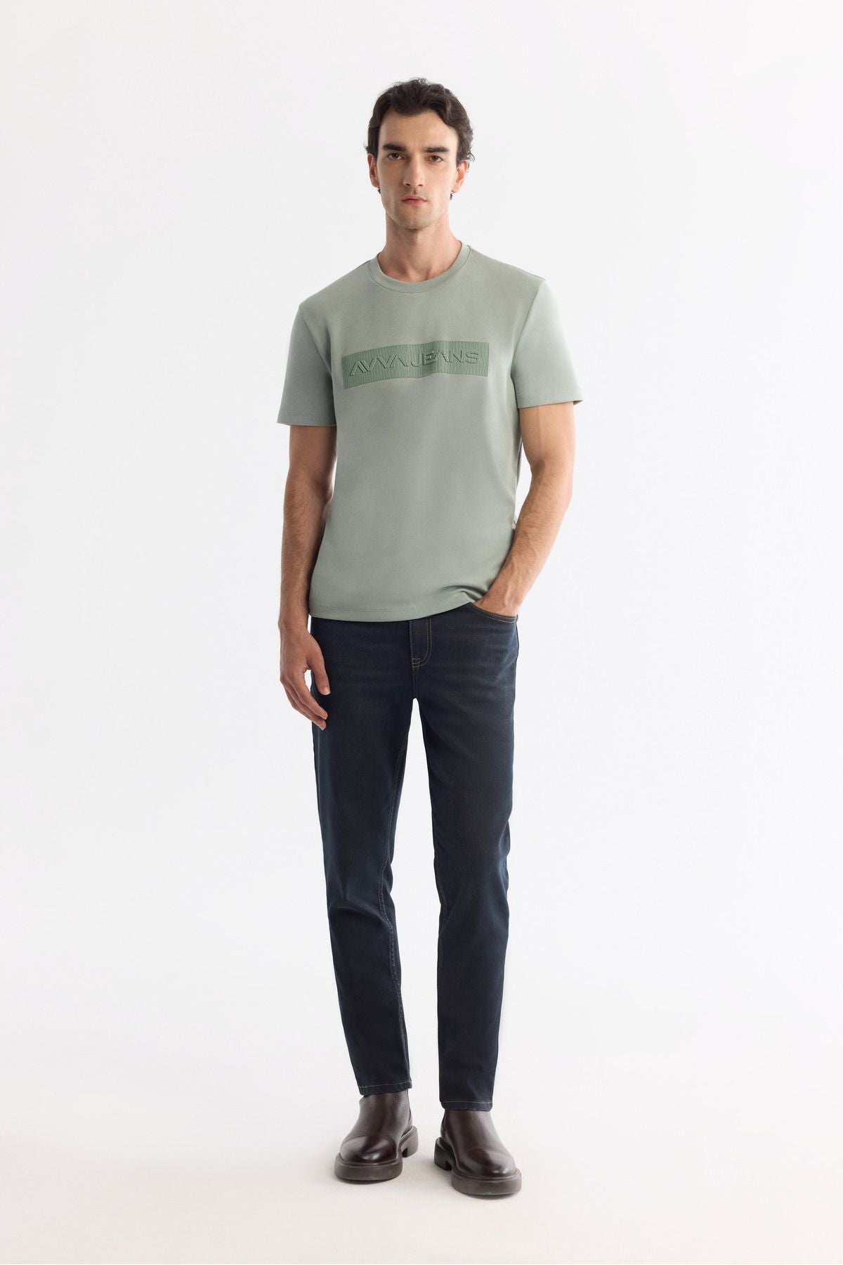 Men's Mint Green Bicycle Collar Printed Elastan T-Shirt A42Y1011