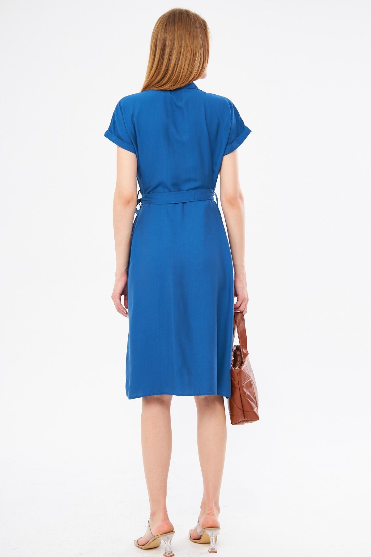 Woman Dark Blue Waist Belt Short Sleeve Shirt Dress ARM-19Y001068