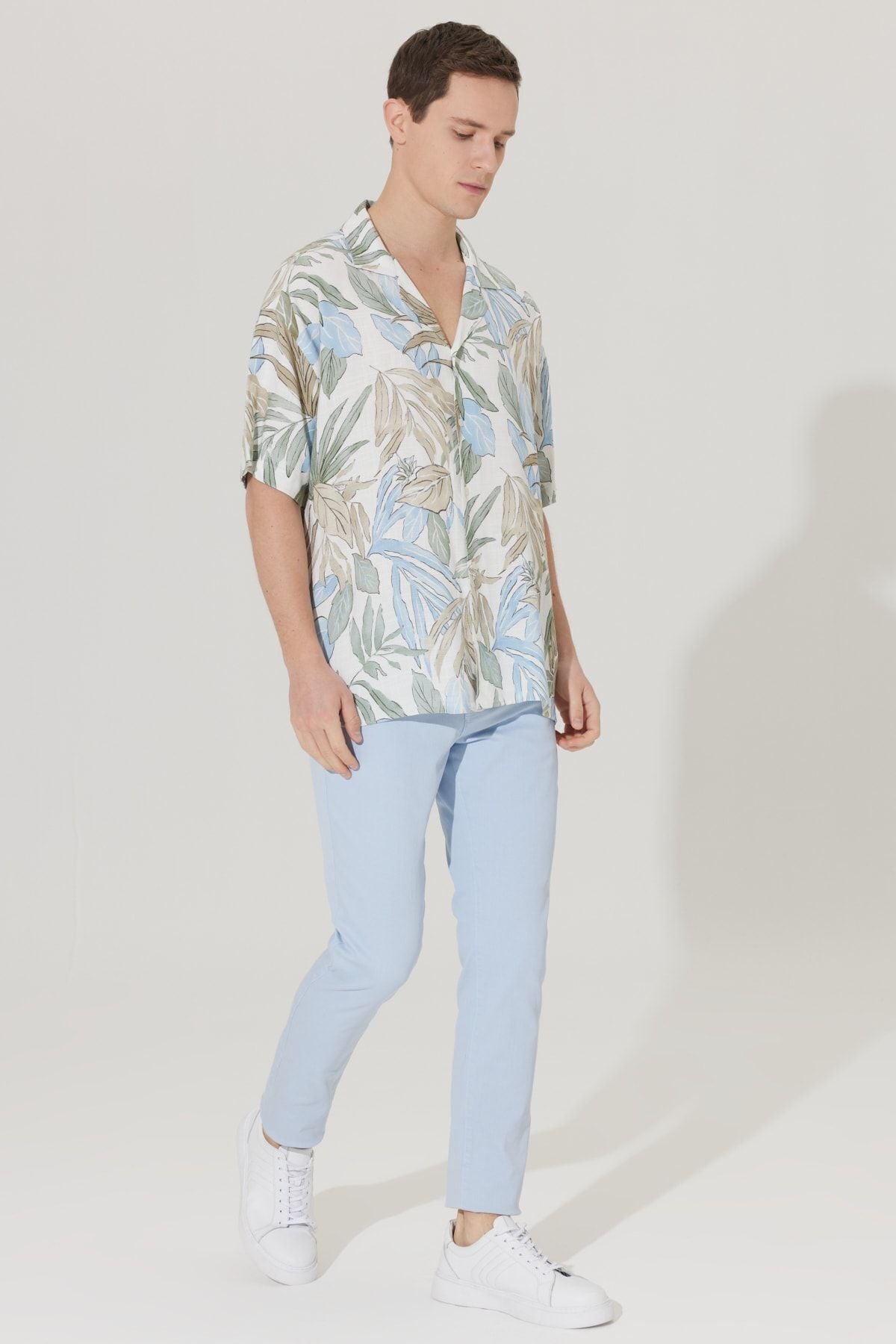 Men's Ekru-Haki Linen Oversize plenty of cut Cuban collar printed shirt