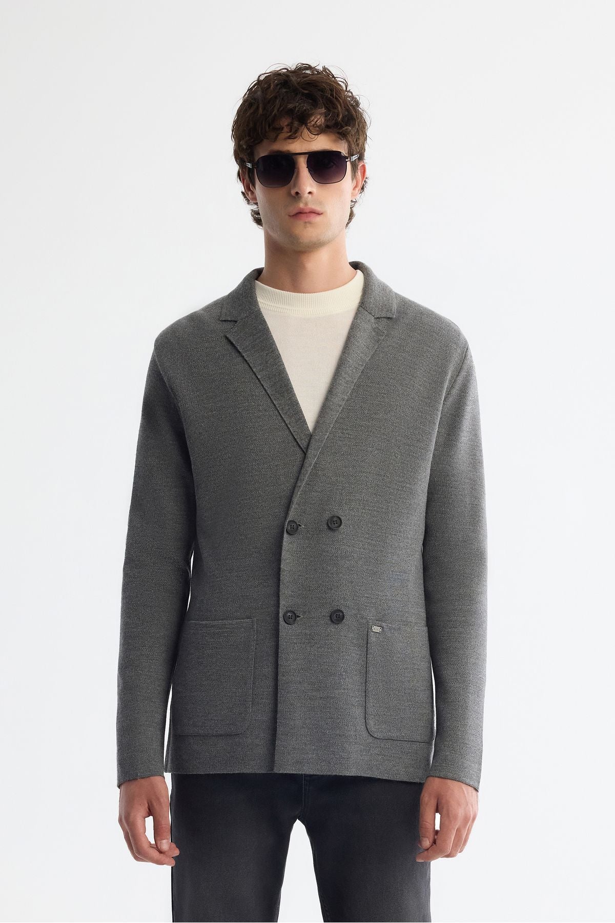 Men's Gray Mono Yaka Cruishery Pocket Wool Triko Jacket A42Y5153