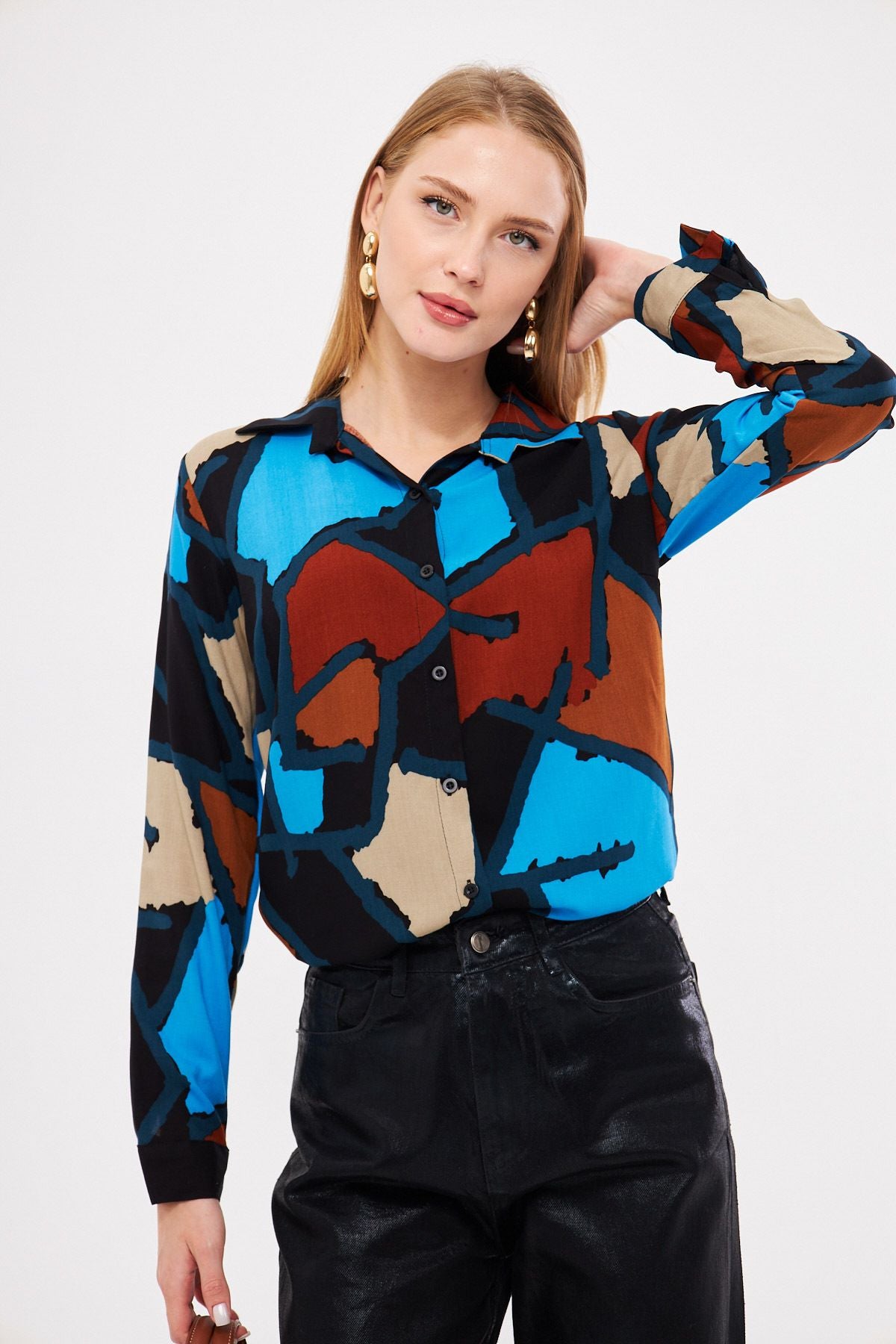 Women's Blue Patterned Long Sleeve Shirt ARM-25K001040