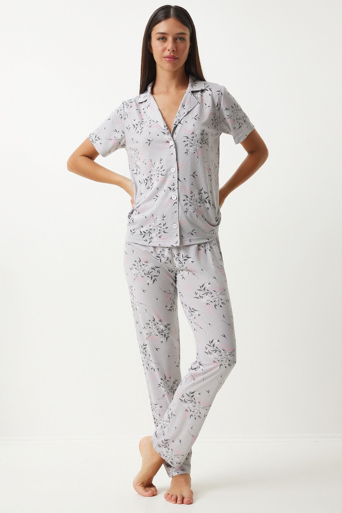 Female Gray Patterned Shirt Pants Pajama Set EC00043