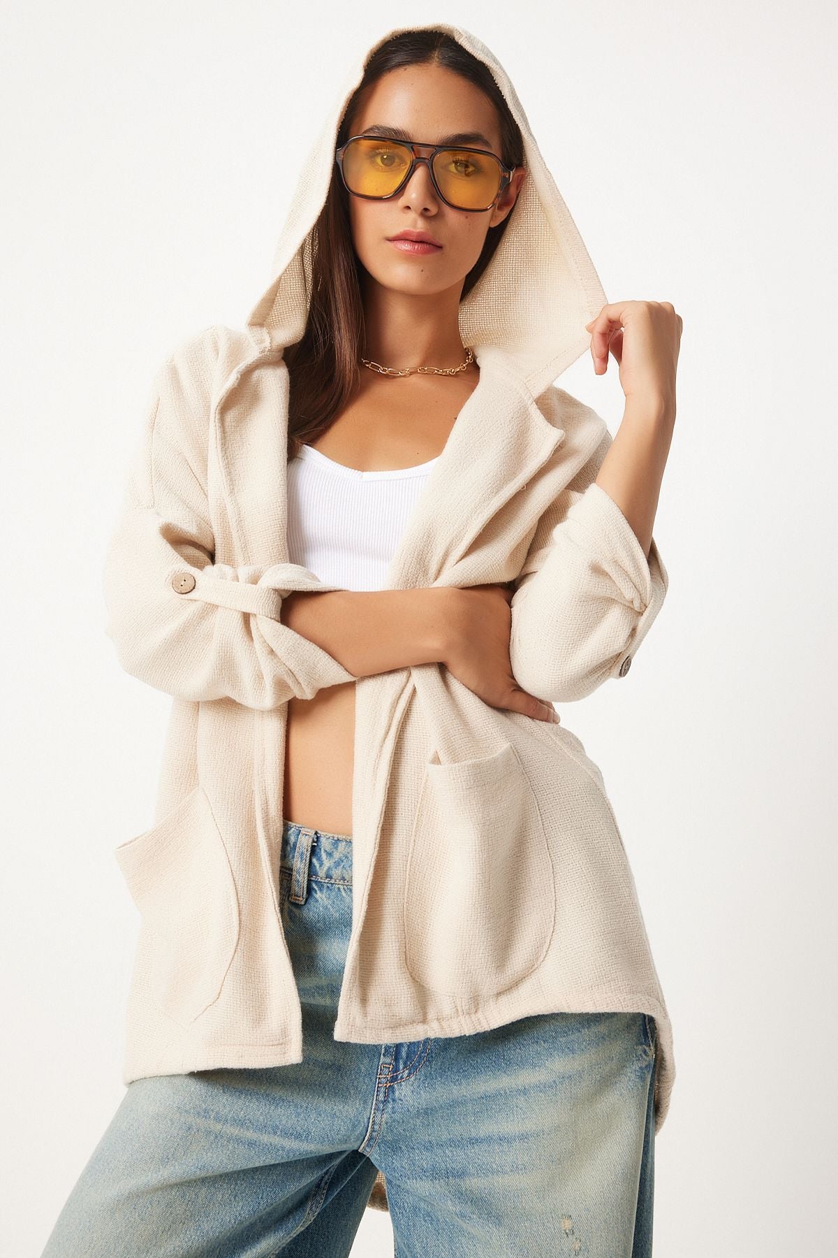 Female cream hooded overwheeling jacket gp00007