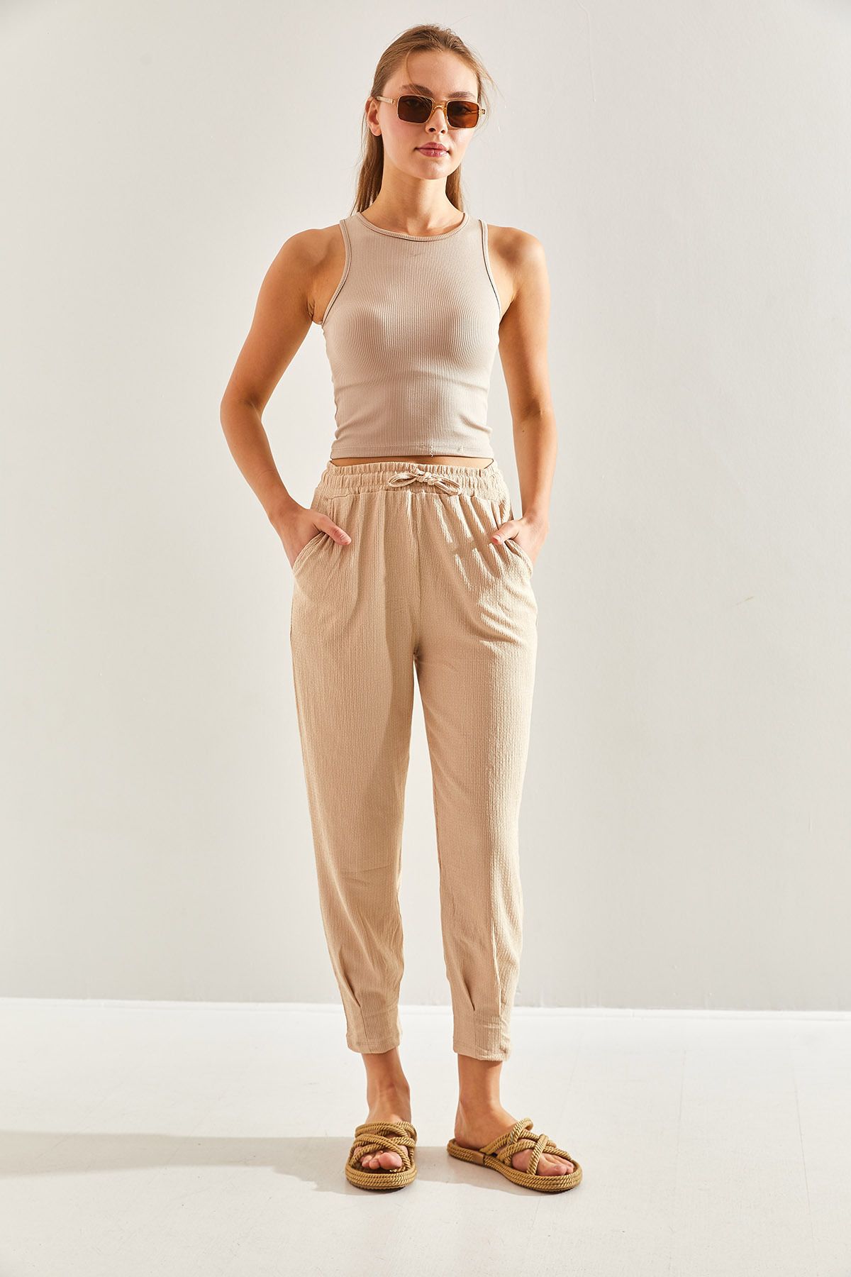 Women's waist rubber cowpea fabric pants 60171018
