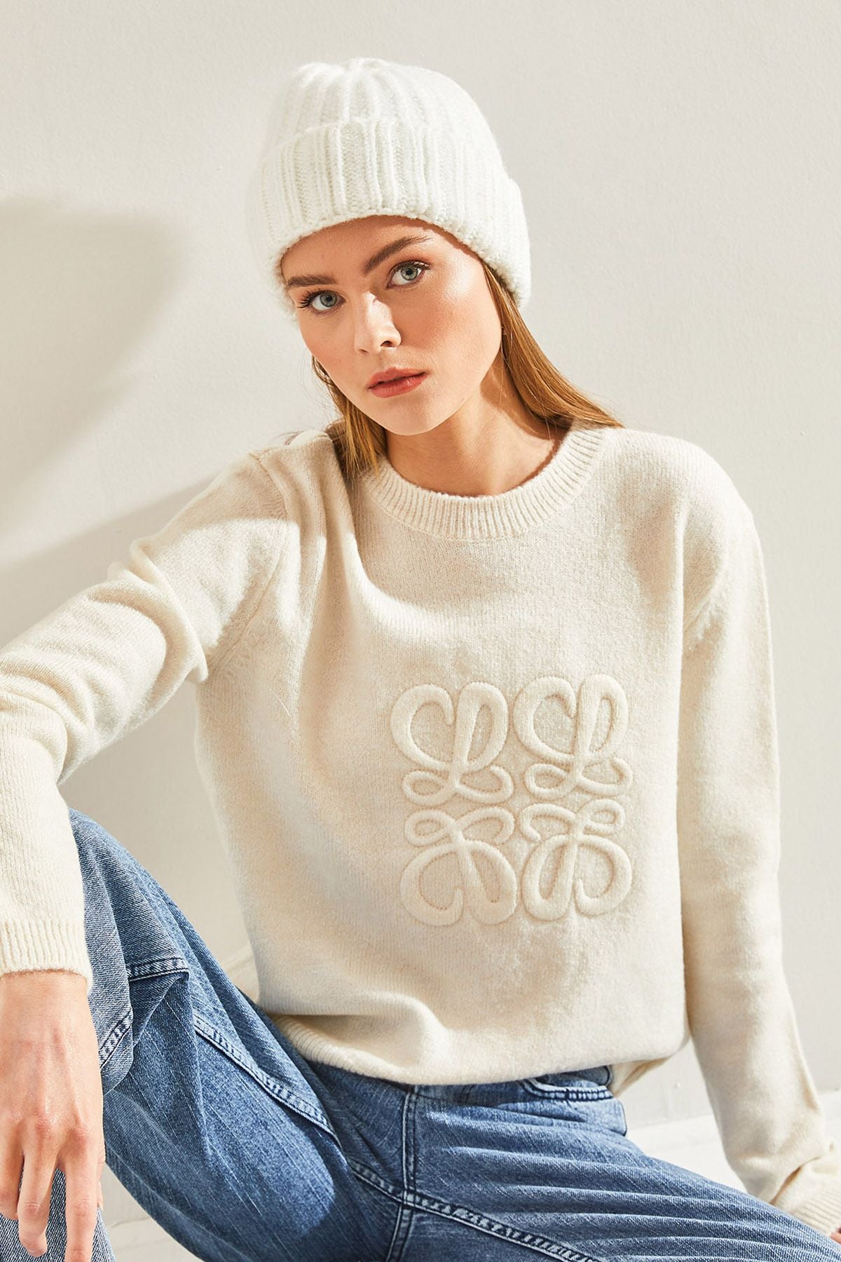 Female Bike Neck Patterned Knitwear Sweater 60101049
