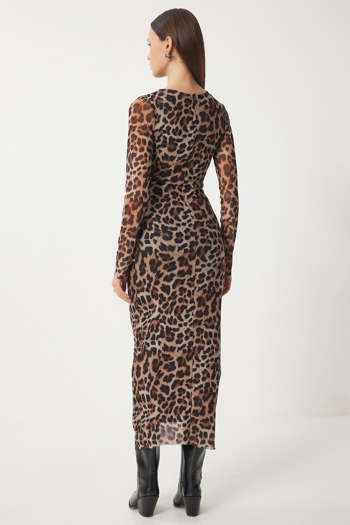 Female Brown Beige Leopard Patterned Patterned Shirred Tulle Dress DK00172