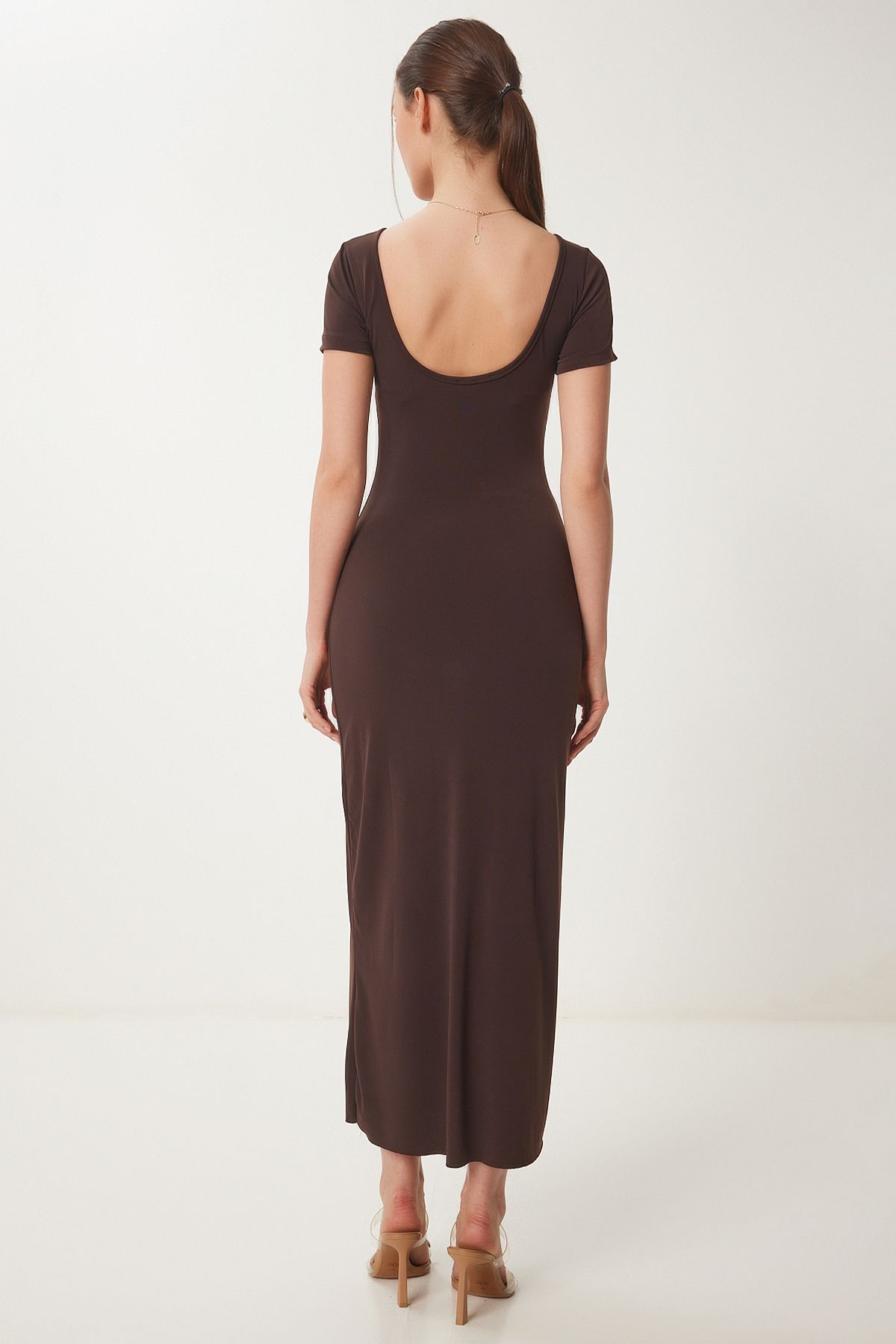 Women's Brown Back Décollette Long Sandy Knitting Dress DZ00115
