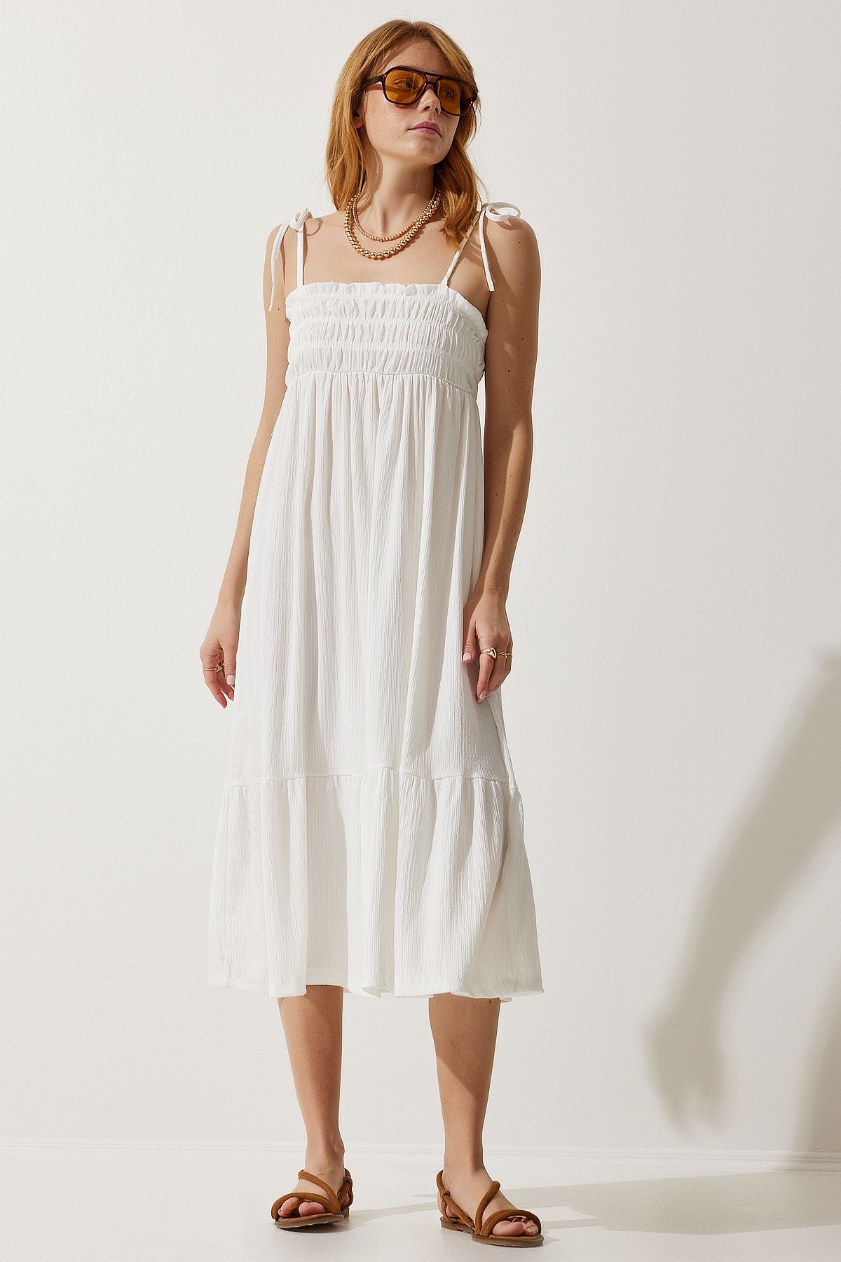 Woman White Hanger Krinkıl Summer Knitting Dress UB00250