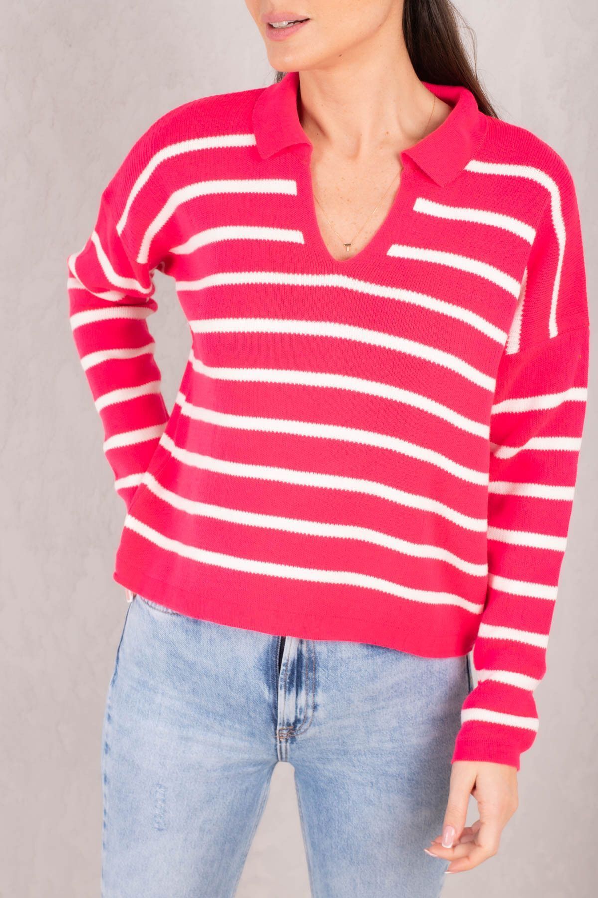 Woman Open Fuchsia striped Polo Yaka Knitwear Sweater ARM-22Y012006