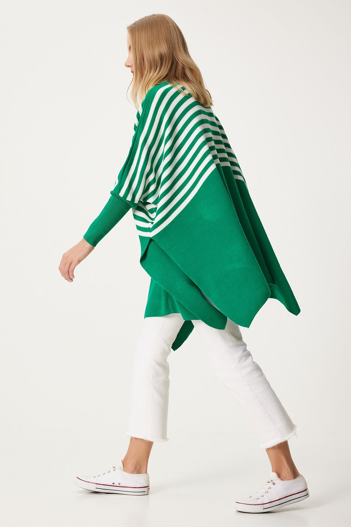 Women's Green Striped Side Slit Oversiz Pancho Sweater DD01336