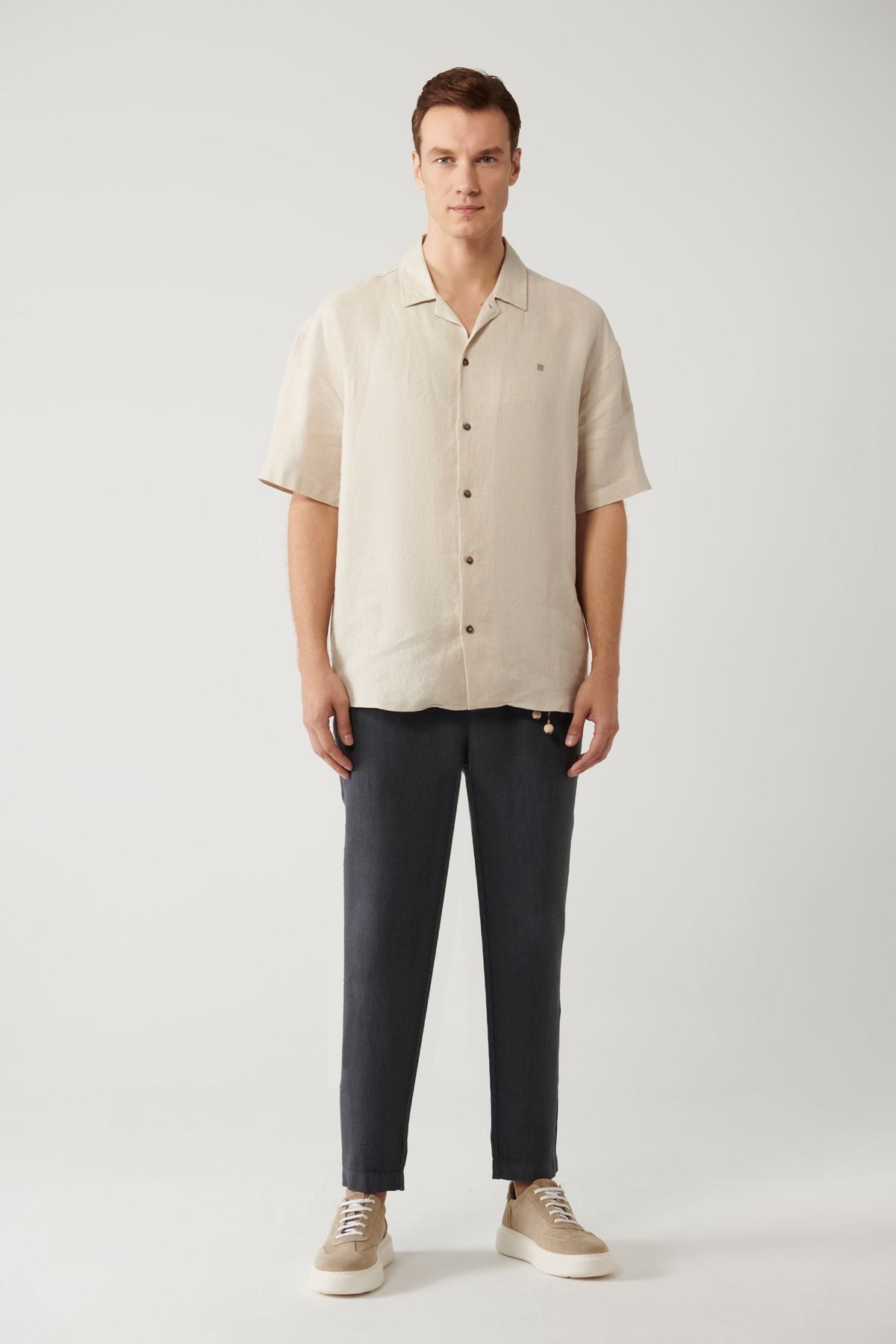 Men's Beige Apace Neck 100 %Linen Short Sleeve Shirt A41y2209