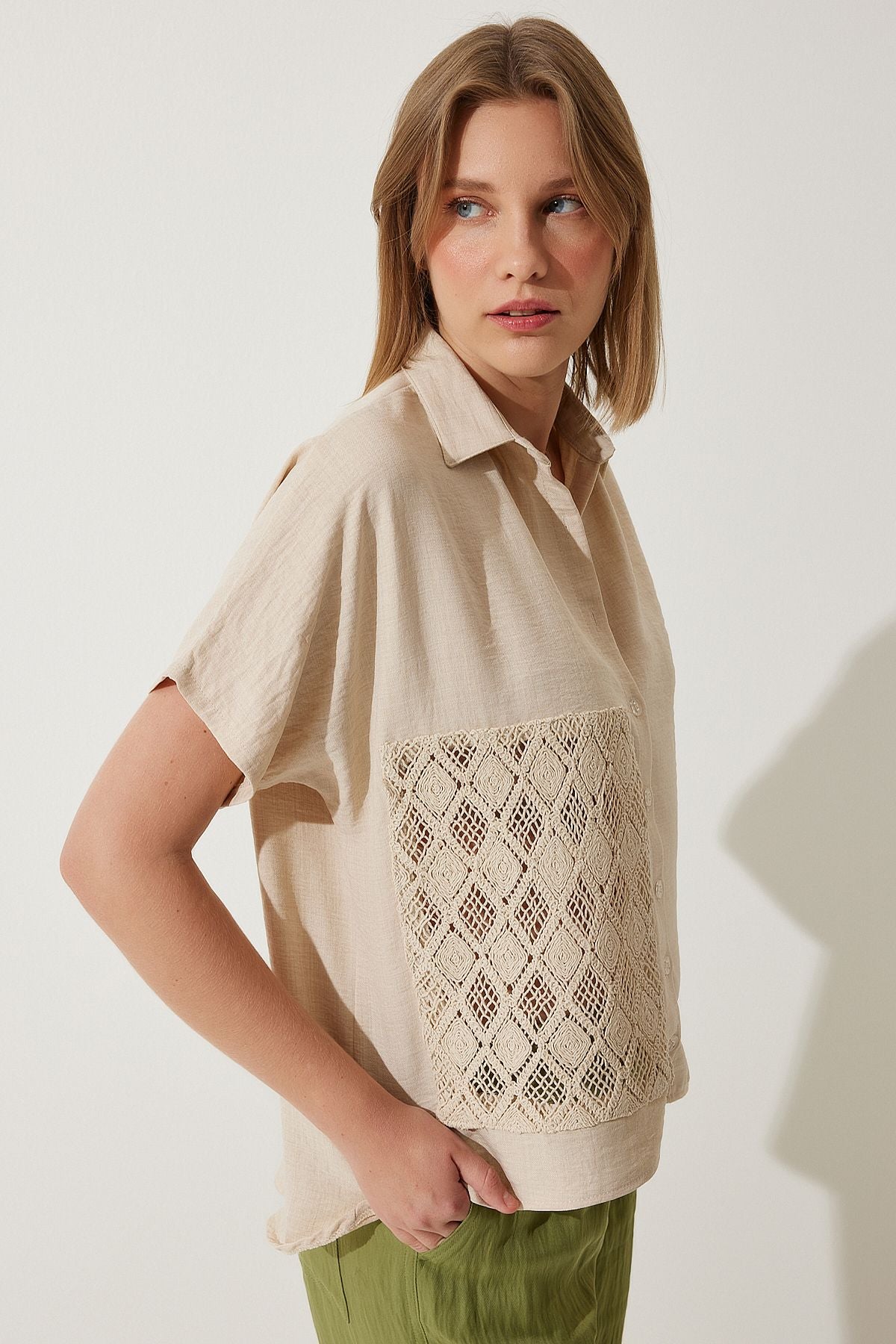 Women's Cream Crochet Lace Detail Linen Shirt TP00039