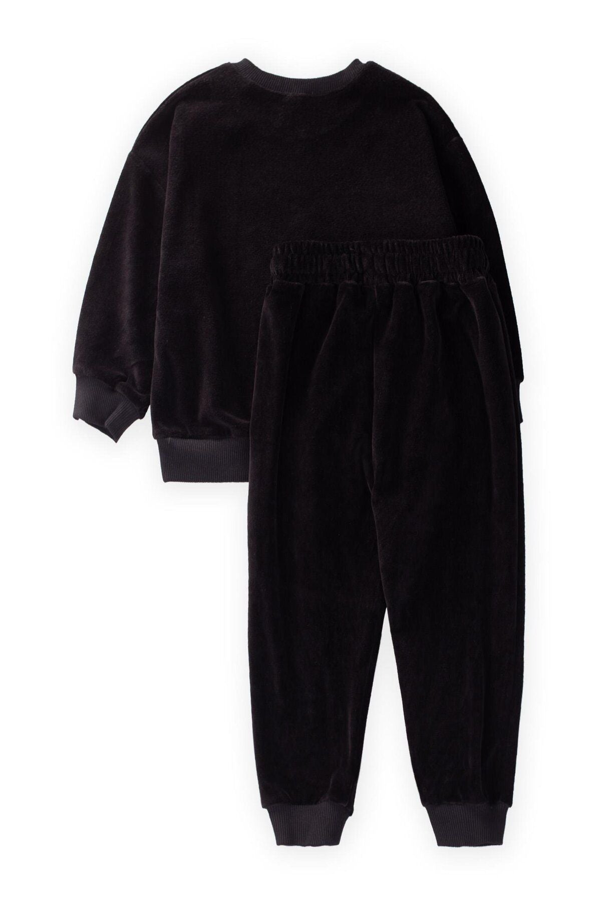 Stone Detail Velvet Girl Sweatshirt Set 2-10 Age Black