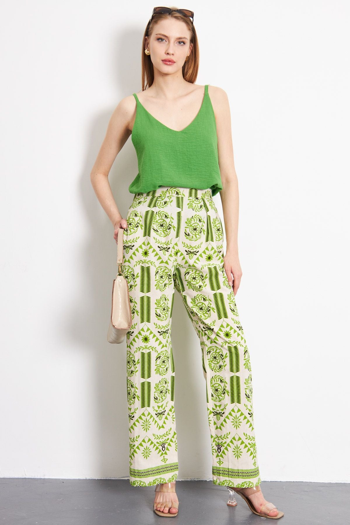 Palazzo Pants with Patterned Patterned Patterned Patterned Patterned Female Female Green Patterns ARM-24Y001069