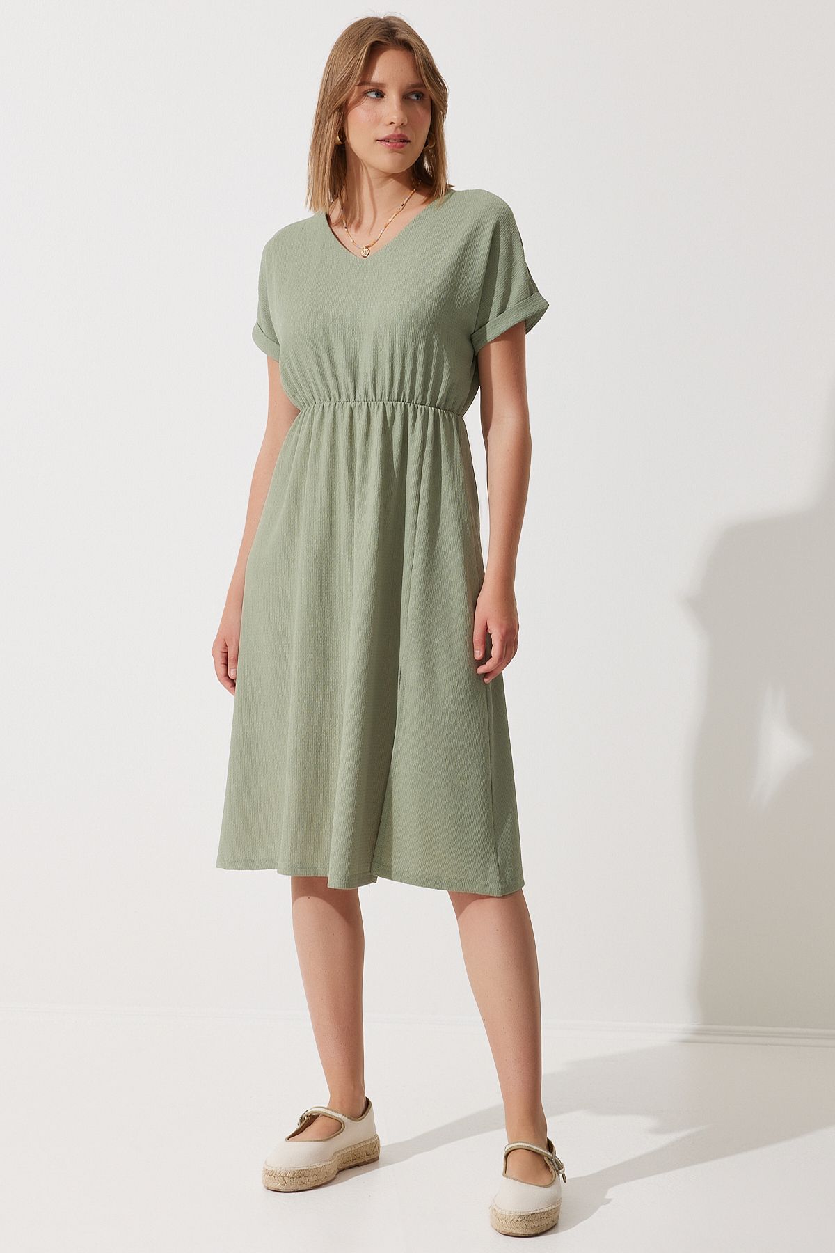 Women's Cagla Green V -Yaka Silled Summer Daily Knitting Dress DD01319