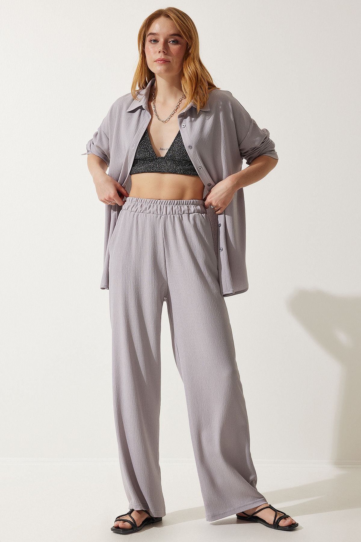 Women's gray comfortable knitted shirt pants set KH00090