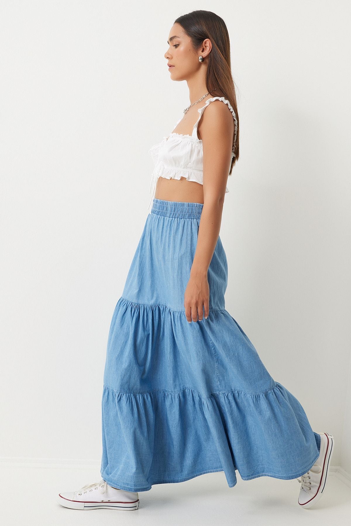 Women's Blue Flane Long Denim Skirt DD01329