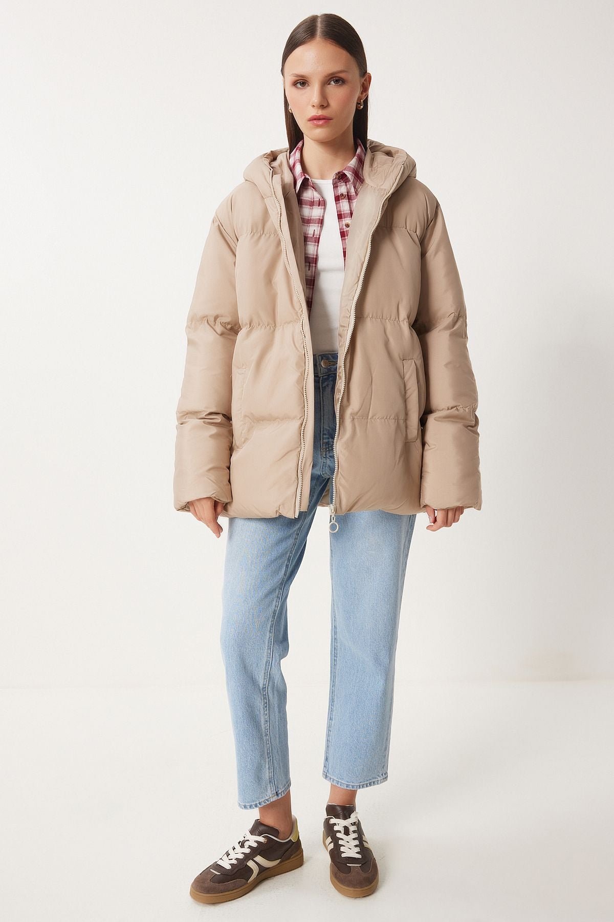 Female Beige Hooded Oversizle Swelling Coat CI00050