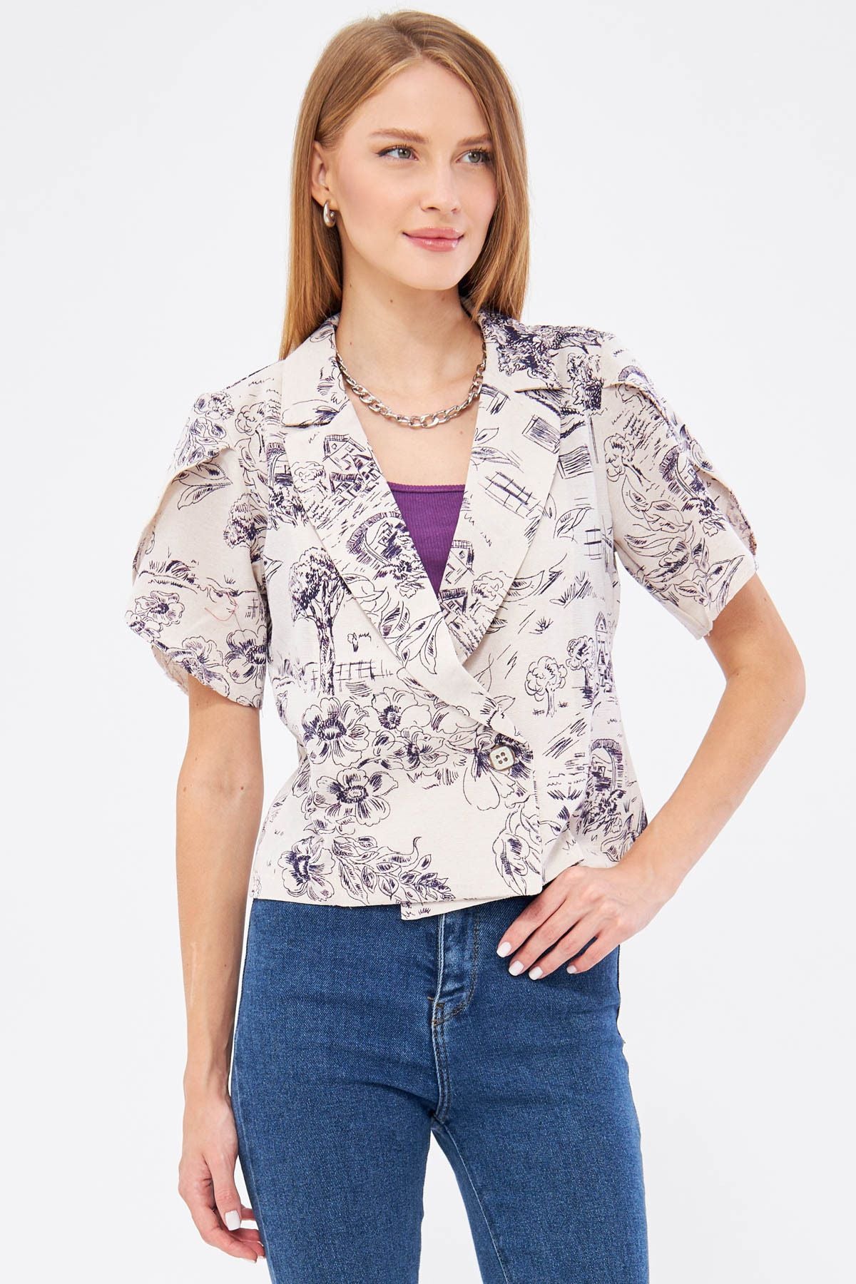 Woman Dark Purple Flax Looking Patterned Band Slit Crop Short Sleeve Jacket ARM-24Y001095