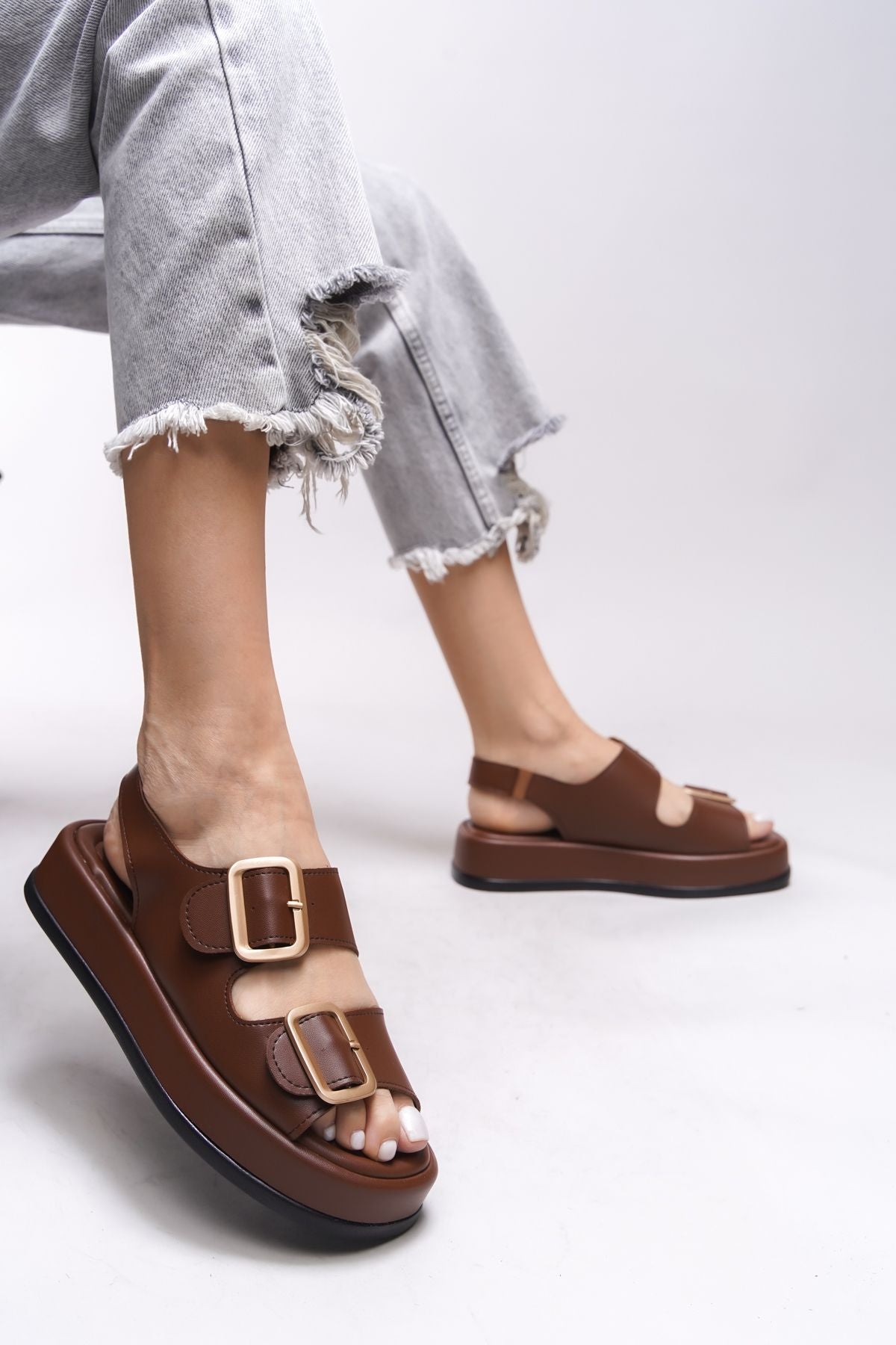 Ghinrada Female Double Tokalı Sandals 0012793 Brown Skin