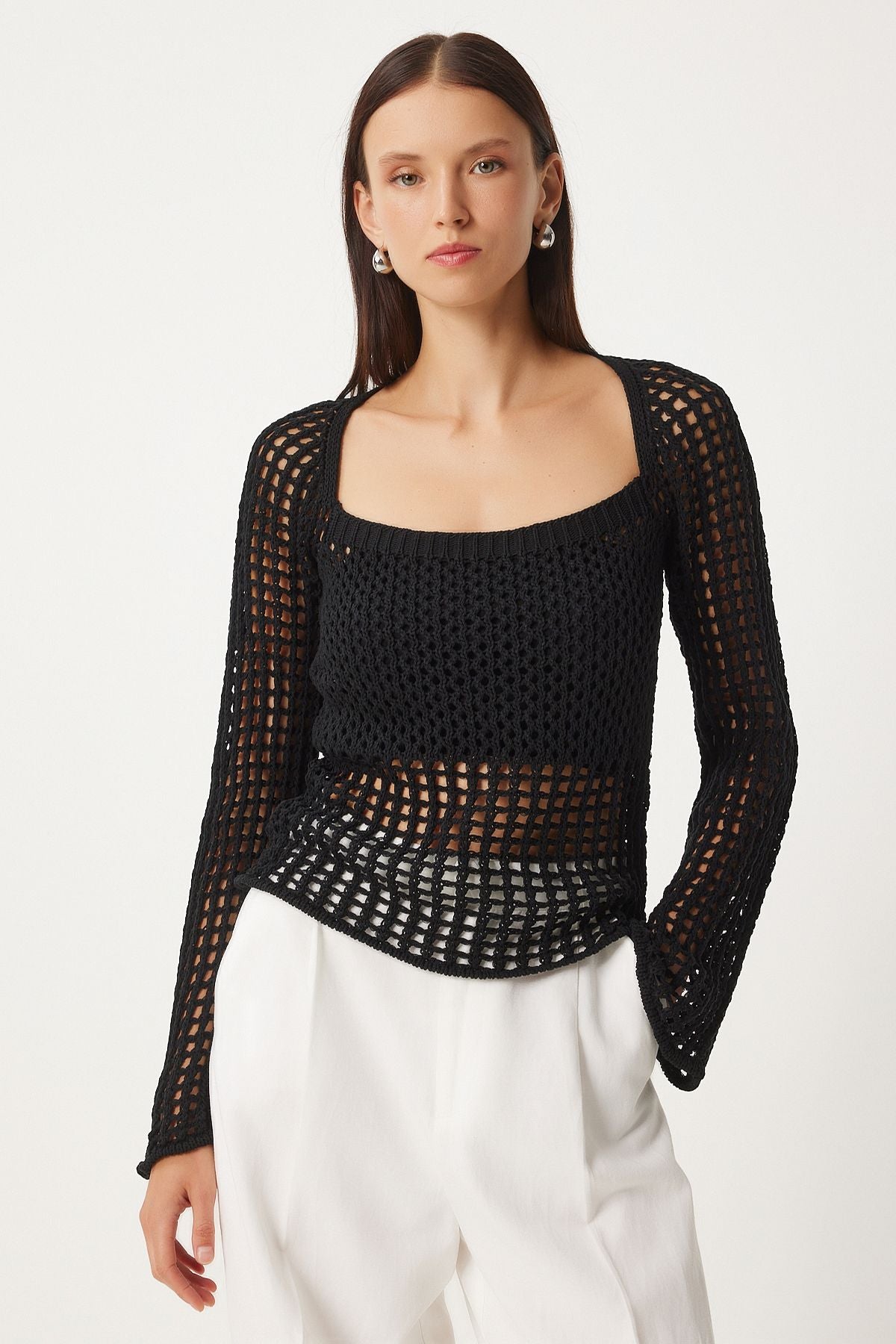 Female Black Spanish Arm Square Neck Agur Triko Blouse FN03350