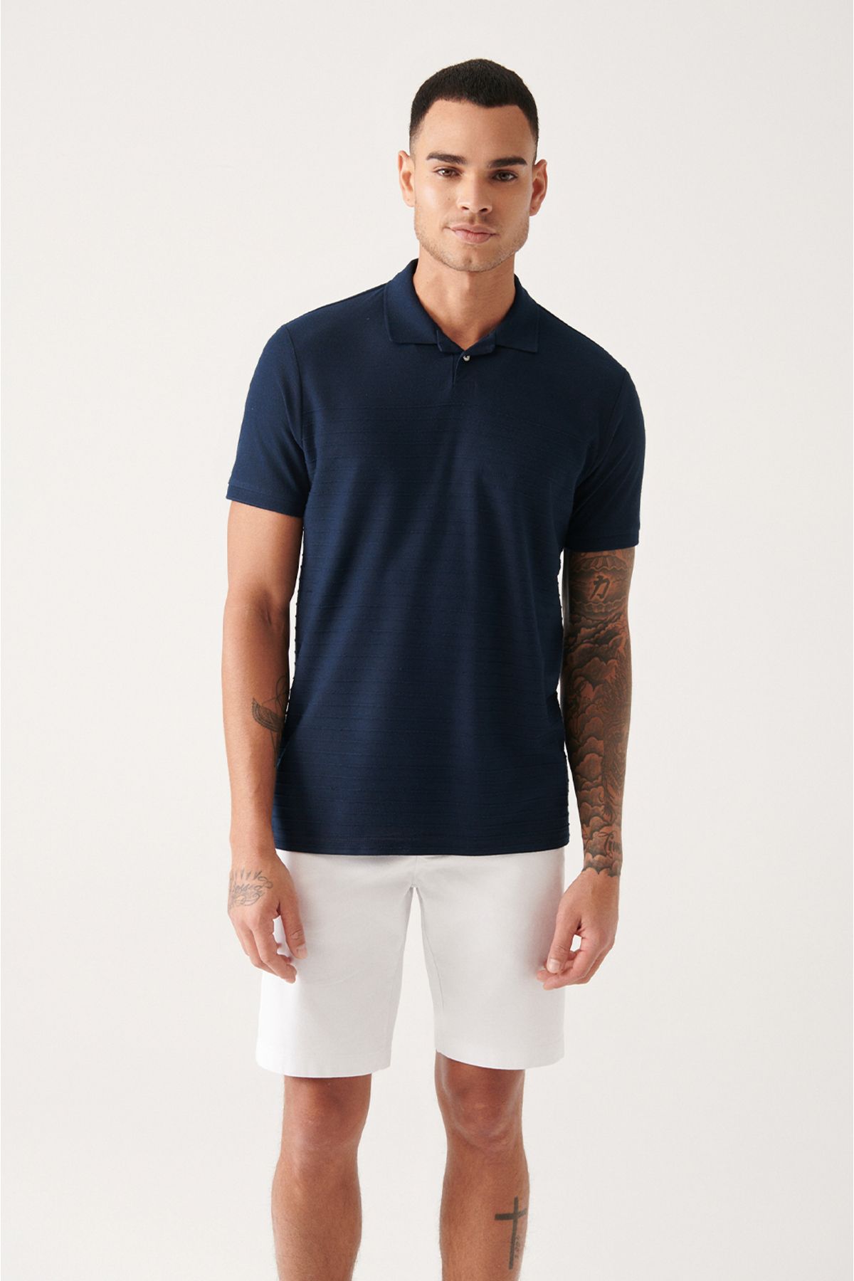 Ανδρικό μπλουζάκι Navy Blue 100% Cotton Jacquari Polo Yaka κανονική εφαρμογή A31y1128