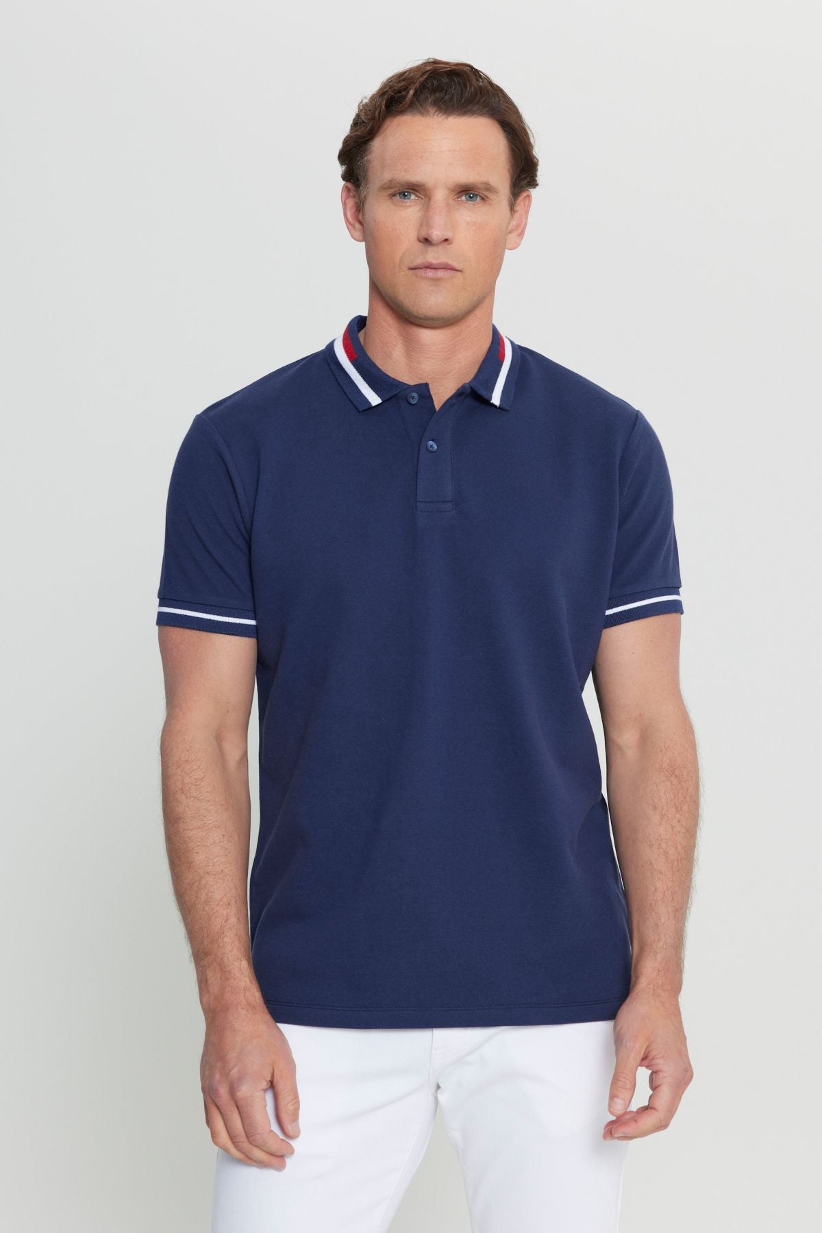 Men's navy blue slim fit narrow cut 100 %cotton polo collar t -shirt