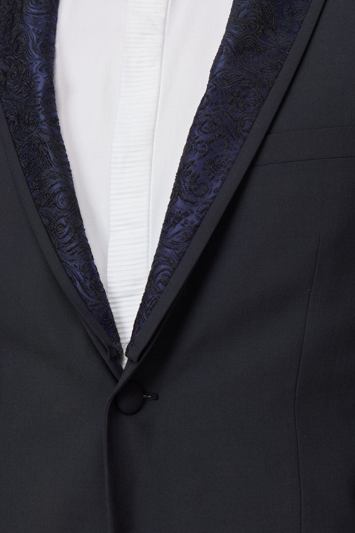 Men's navy blue slim fit narrow cut off shawl collar woolen tuxedo set