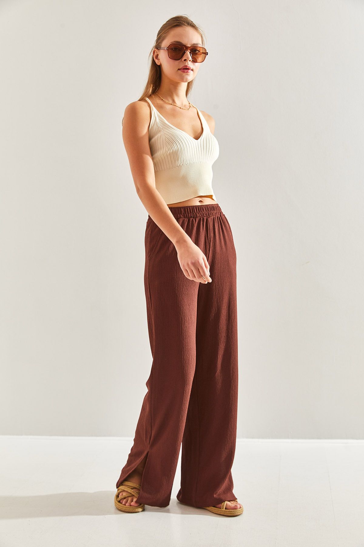 Women's waist rubber palazzo side slit trousers 60171010