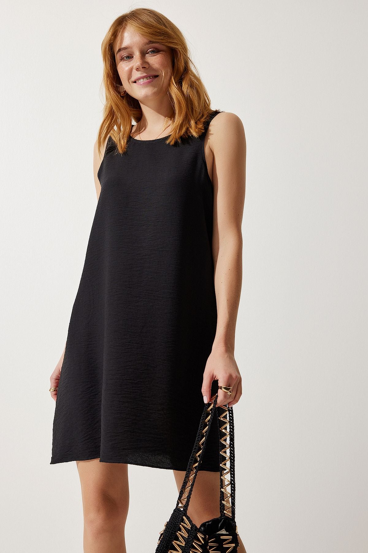 Female black sleeveless linen viscose bell dress jh00005