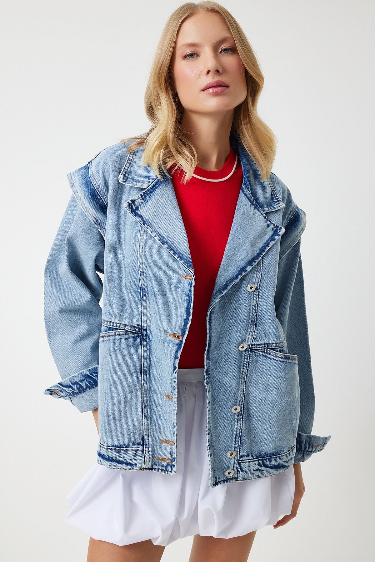 Woman Middle Blue Wide Pocket Oversize denim jacket sa00030