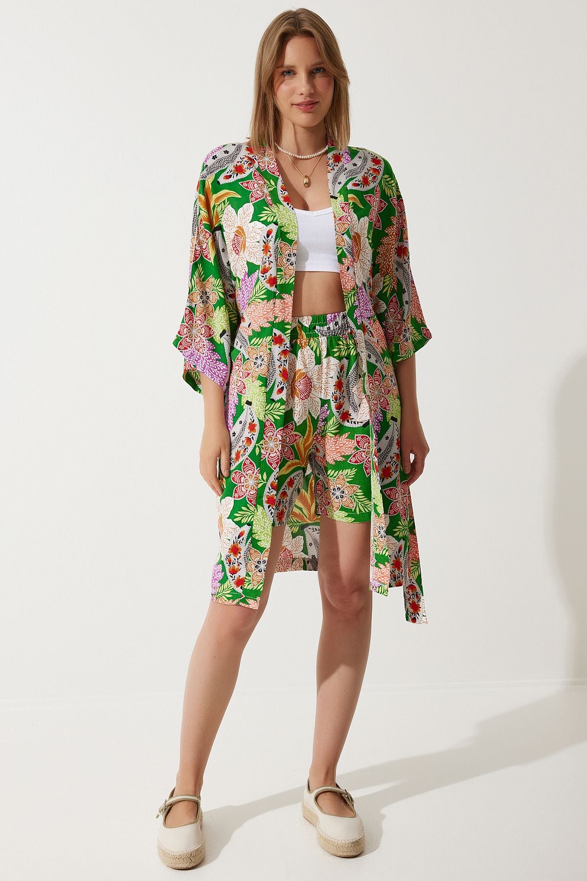 Female green cottage viscose kimono shorts team BP00161