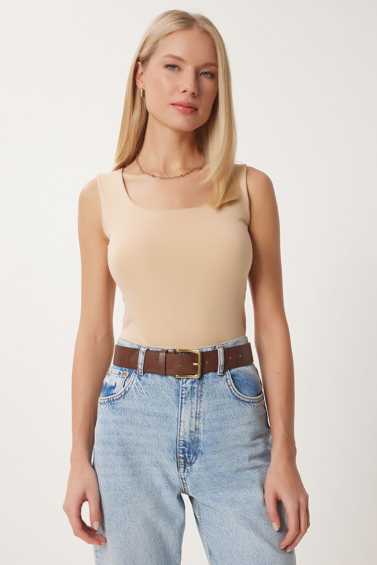 Female Biscuit Brown Sleeveless 2 Plot Sandy Blouse AN00227