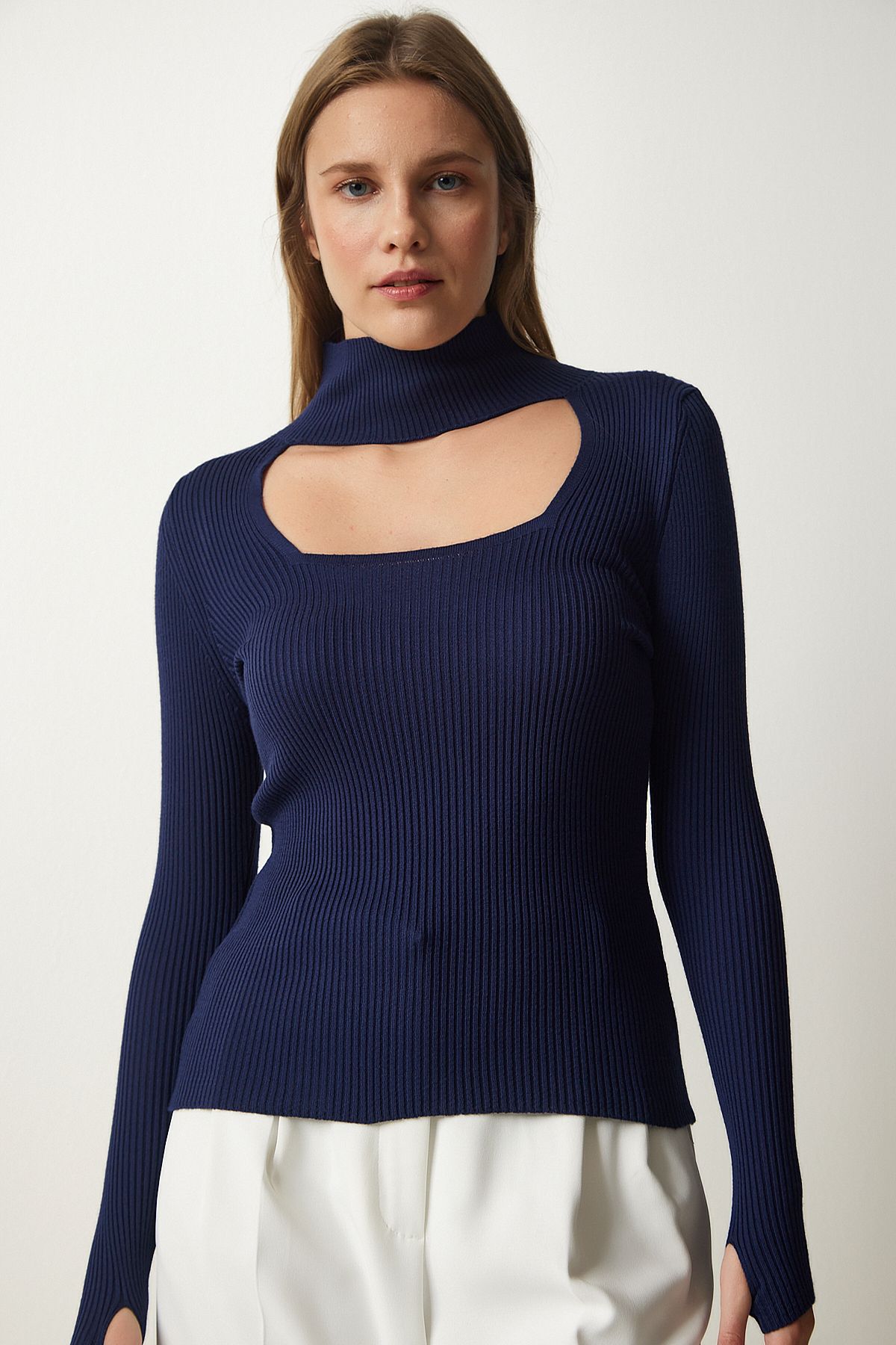 Woman Navy Blue Cut Out detailed upright collar wick knitwear sweater FN03165