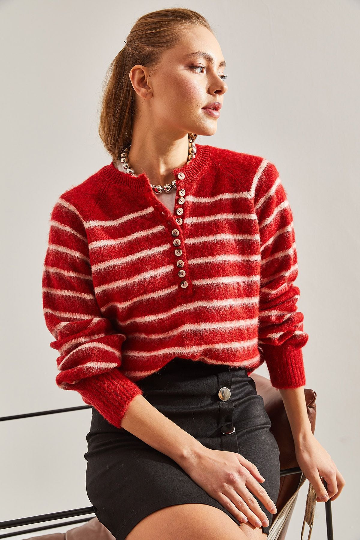 Female Shardon striped 11 button knitwear sweater