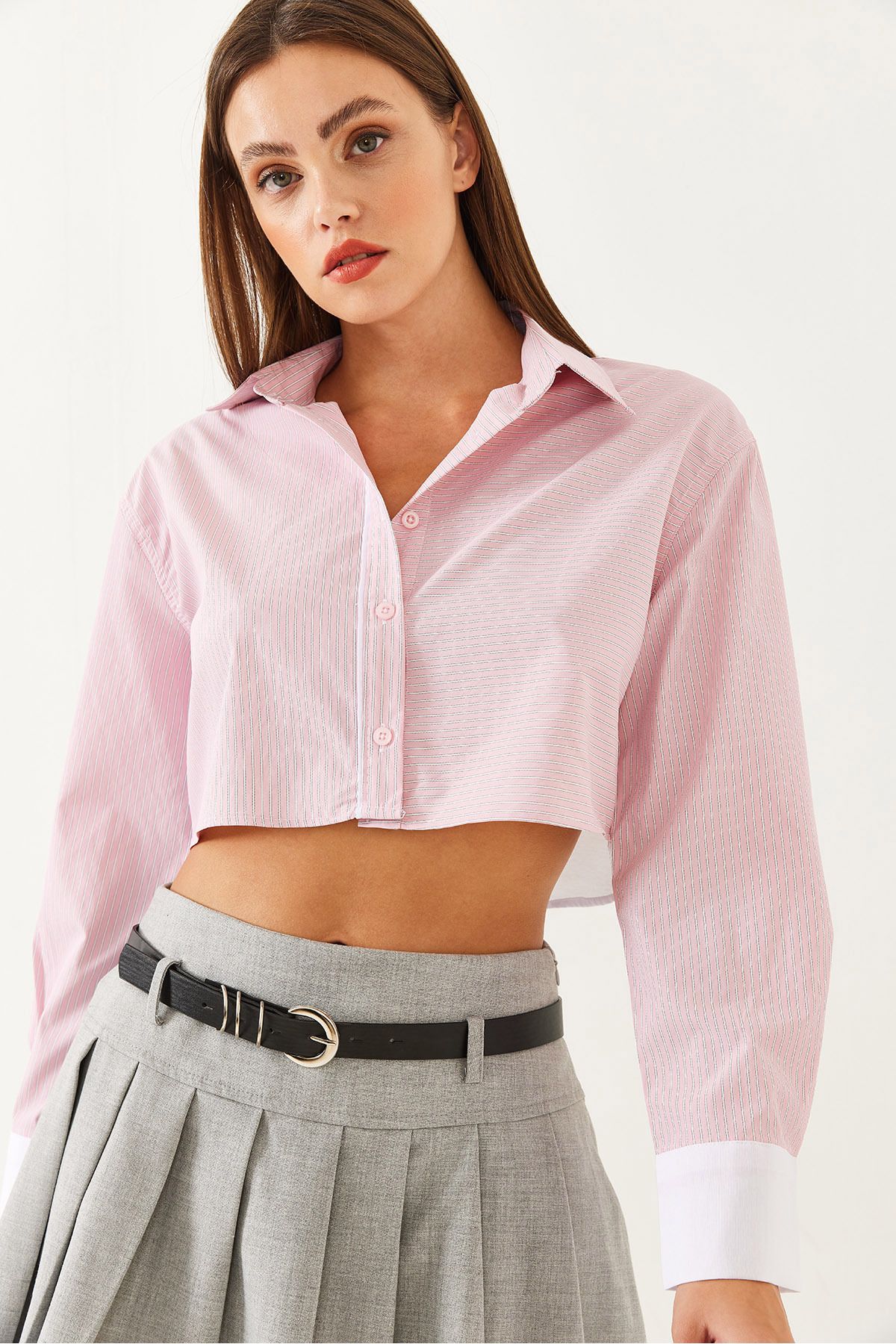 Female asymmetric striped headline detailed crop shirt 4451 60251915