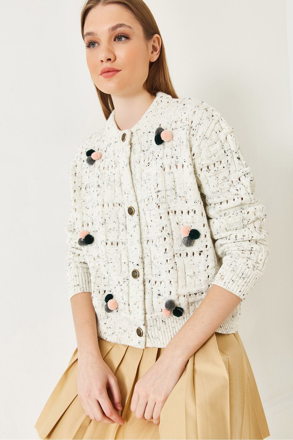Female pompom patterned knitwear cardigan 20246270