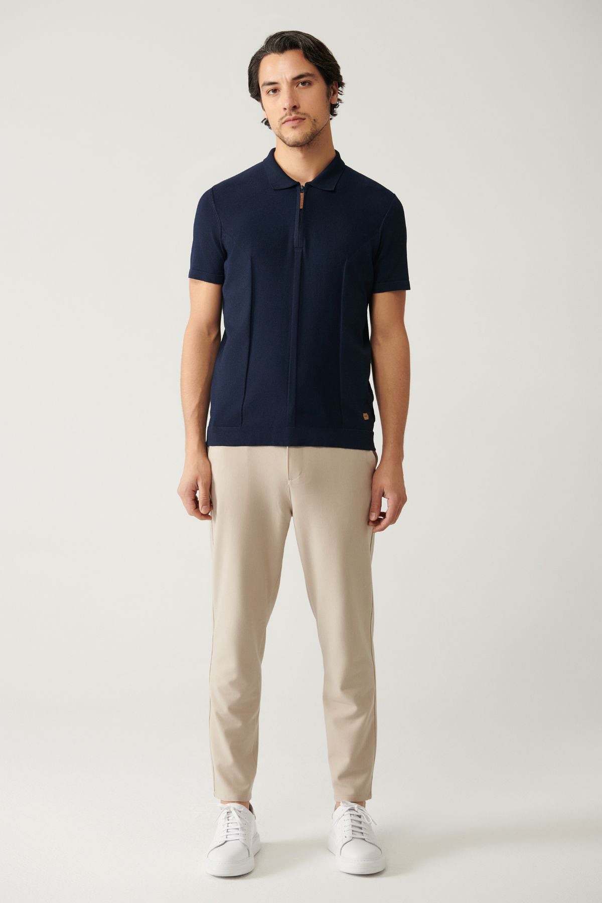 Men's navy blue zipper rayon Polo Yaka Triko T-shirt A41y5106