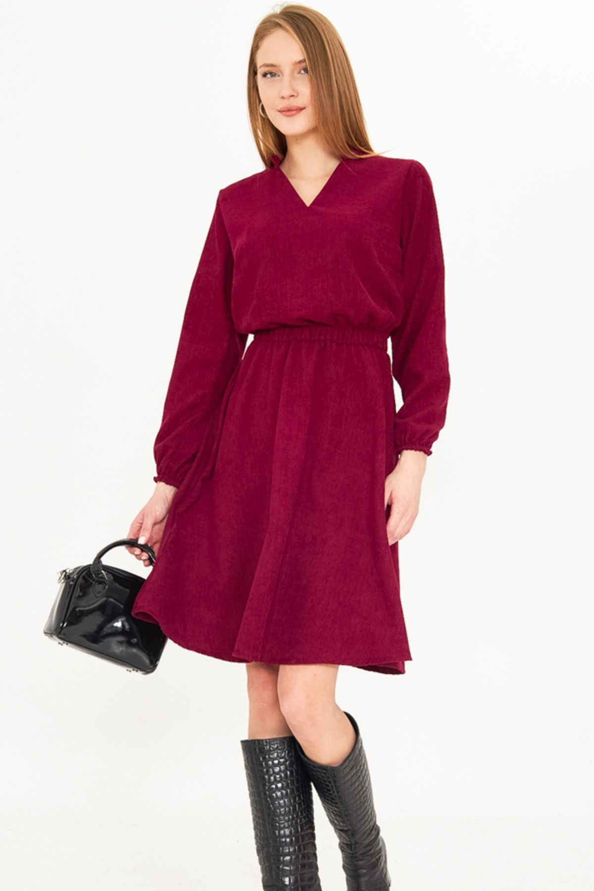 Female Plum Velvet V-Yaka Waist Fine Wick with Rubber Clash Dress ARM-25K001049